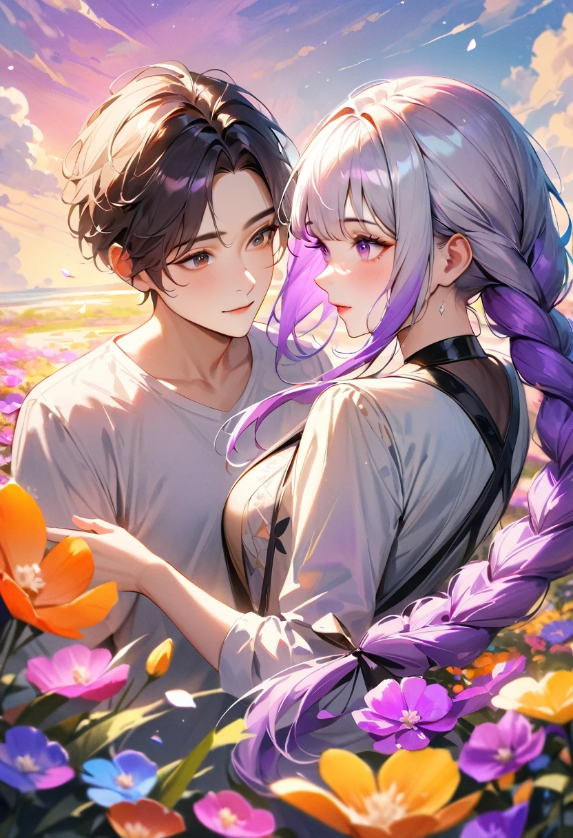 (A couple, beautiful girl and boy),(Look at each other), (best quality,very aesthetic,masterpiece),ultra-detailed,realistic, eveninng, Colorful sunset, bright colors,vibrant color palette,(yinji,purple_hair,purple_eyes,very_long_hair,grey_hair,braided_ponytail,gradient_hair),effects of light and shadow,subtle reflections,shimmering surface,sparkling gemstones,flower petals falling,floral,vividly colored blossoms,harmonious blend of nature and art,impeccable craftsmanship,transcendent beauty,awe-inspiring artwork