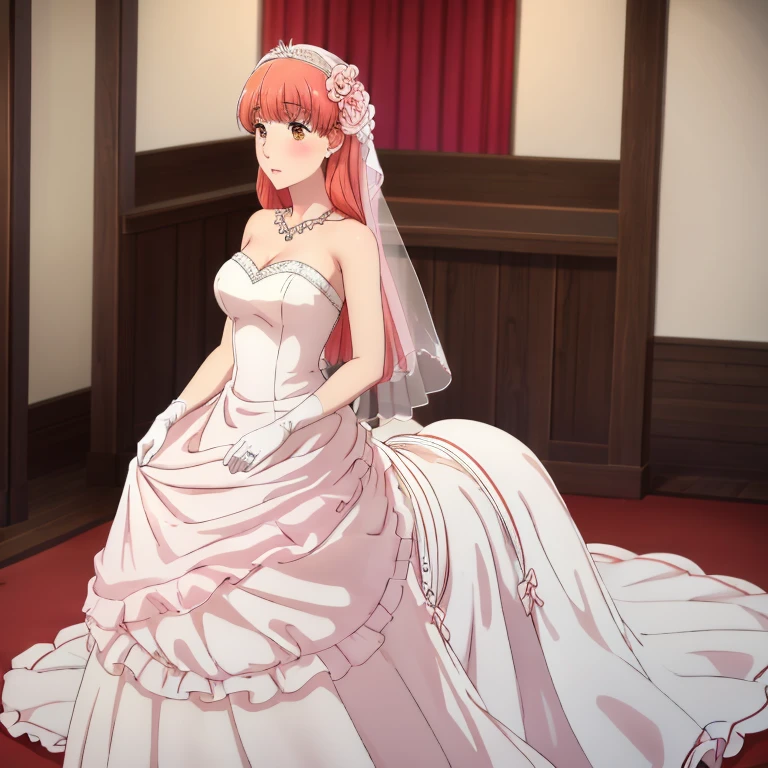 centaur, horse body below waistline,  ((masterpiece, best quality, high quality, high resolution)):1.2,
office, looking at the audience, sitting, 
Narumi,  Close-up of beautiful bride wearing beautiful woman sleepwear,Gurwitz,(bridal veil:1.5），（Transparent short veil：1.5），Blushing face，Head flower，headgear，（tube top wedding dress：1.5），（Silk dress：1.2）,（Strapless wedding dress：1.5）,pure white dress，necklace，earrings，(large breasts:1.3)，Deep V peach heart collar wedding dress，Bangs，lipstick，（lace gloves：1.3）,whole body照,High detail RAW color art,Long white dress，whole body，Place your hands behind your back，looking at viewer,
