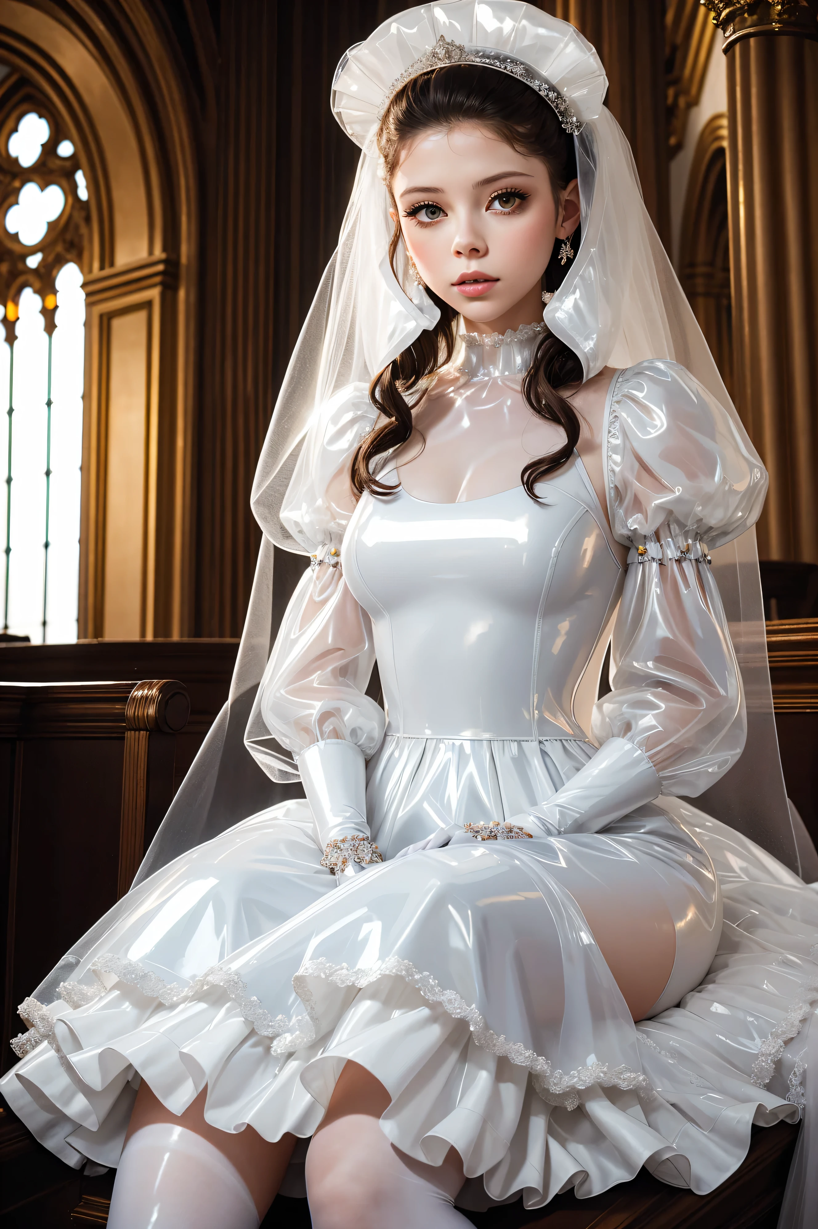 masterpiece},{best quality}, {very aesthetic}, {ultra-detailed}, {best Photo realistic}, {very aesthetic},{{{long sleeve wedding dress:1.2}}},see-through dress,dress lift self,wedding veil,tiara,choker,(Wearing white gloves),nsfw,Japanese futanari:1.2,pale skin,fair skin:1.2,Shiny skin,hyper-detailed skin,ahegao,orgasm,nipples,thick penis:1.3,veiny penis:1.3,(pojecile cum:1.7),full BODY,short hair,white thighhighs,church