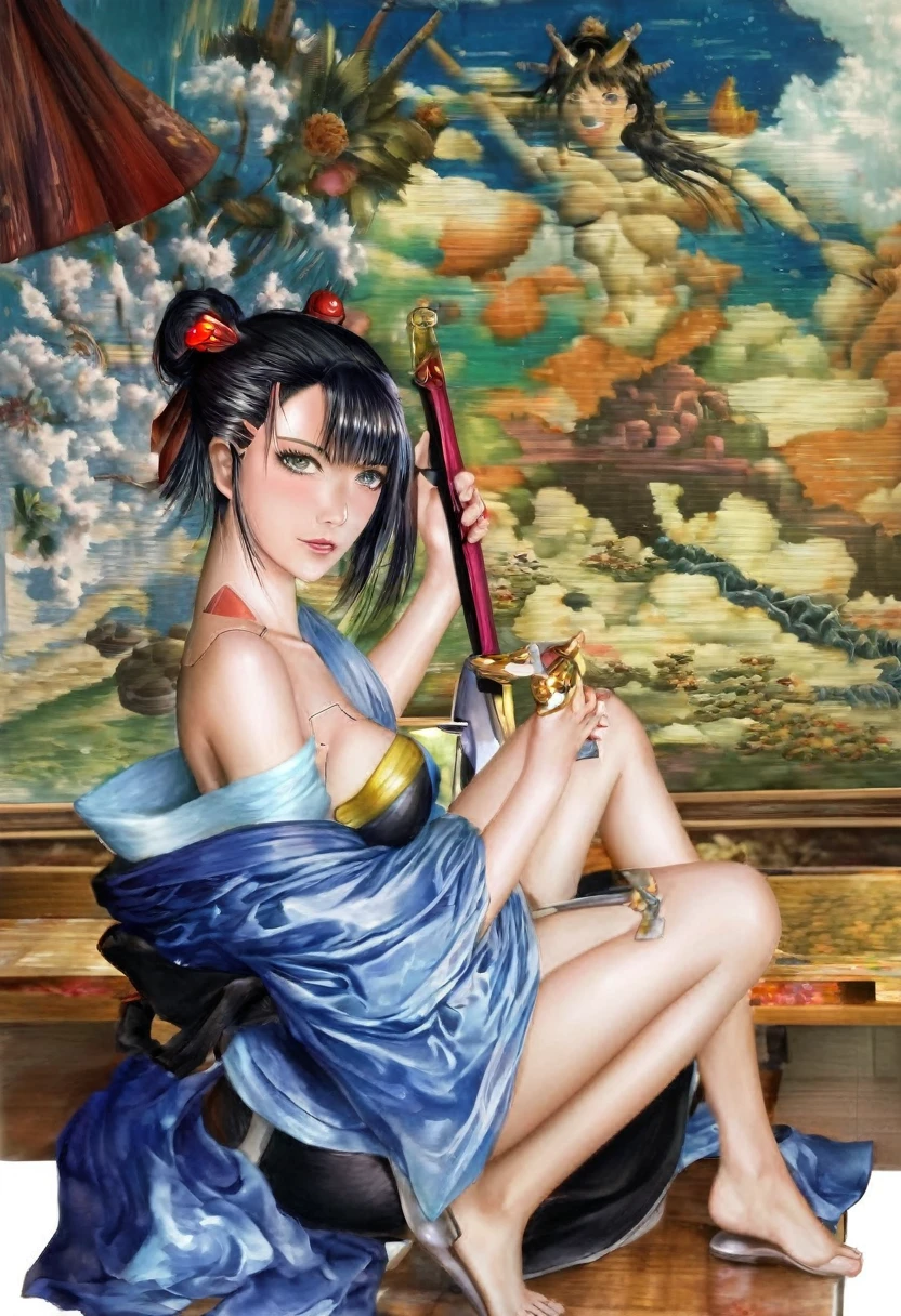a painting of a woman in a blue kimono holding a sword in her knees, beautiful character painting, japanese goddess, feudal japan art, very beautiful cyberpunk samurai, by Yang J, female samurai, traditional japanese concept art, japanese art style, japanese fantasy, cyberpunk geisha, detailed painting 4 k, inspired by Kanō Hōgai, detailed anime artwork, anime fantasy artwork