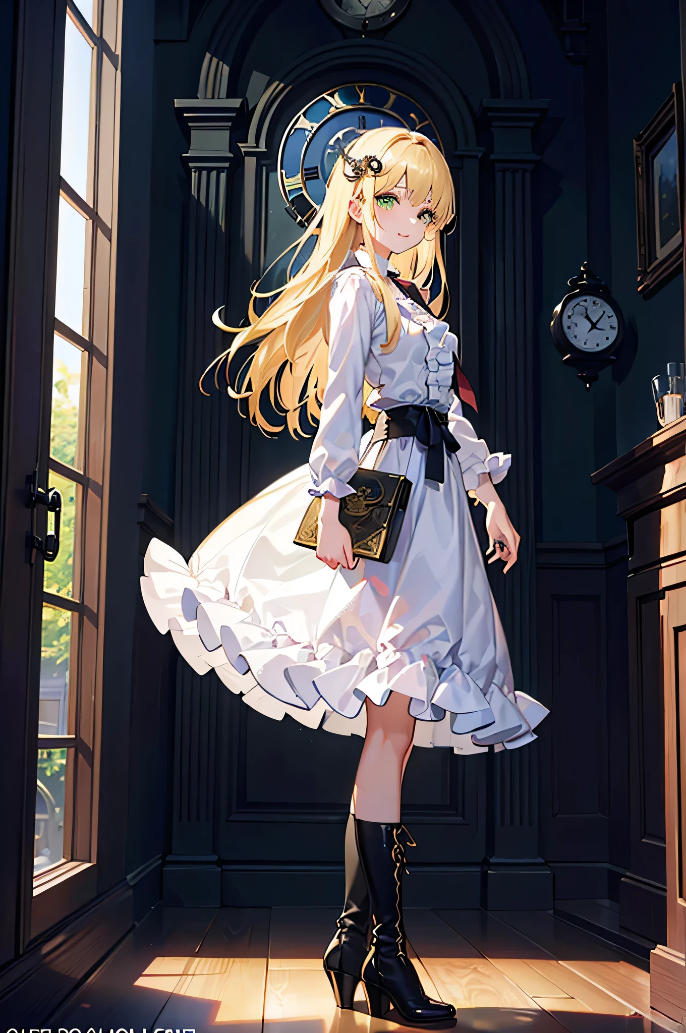 (Official art、Best Quality、Unity 8k Wallpapers、32K、​masterpiece、ultra-detailliert、超A high resolution、realisitic、Photorealsitic:1.2)、Detailed beautiful face and eyes、Sharp pupils、Realistic pupils、A slender、１Man Woman、Medium bust、(Full body:1.2)、 Highly detailed background、beauitful face、16-year-old beautiful girl、(super detailed skin、detailed skin textures:1.3)、(Half Blonde、Colorful hair:1.3)、Blunt bangs、green colored eyeagical girl costume、white  shirt、Costumes with frills、frills skirt、knee sox、(thighs thighs thighs thighs:0.8)、Black boots、(inside of clock tower:1.4)、(from side:1.3)、Fantastical、evil smile、she opened the door,dark room,inside,clock tower,come and walk,