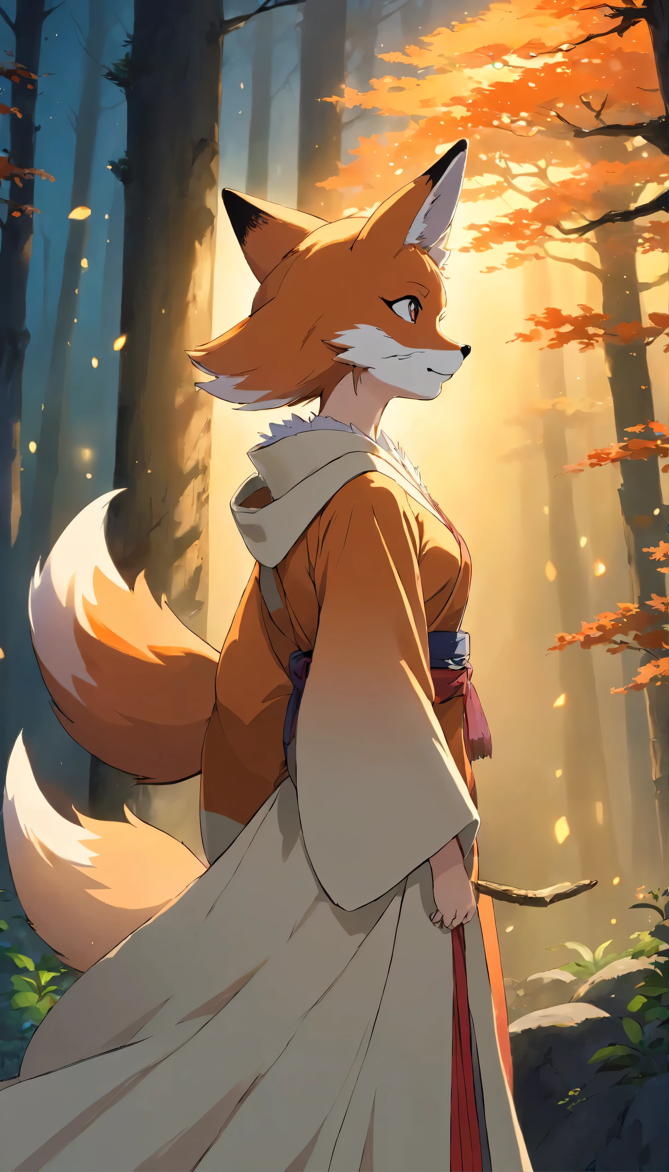 An enchanting fox witch stands alone、Illuminated by an 8K ultra-detailed masterpiece。She has a sense of solidarity that embodies unity.、It is depicted in a beautiful and aesthetic setting.、It embodies a masterpiece with the highest quality。 She is wearing a traditional haori jacket.、Decorated with intricate patterns that shimmer under the spell of mystical foxfire。A fox mask, a symbol of her glamorous identity, hangs from her shoulder.、Its fur shines with the soft hues of the evening sun.。 Her transformation is shown in profile.、Her slender figure is accentuated by her uplifted posture.、She conjures up a fox familiar