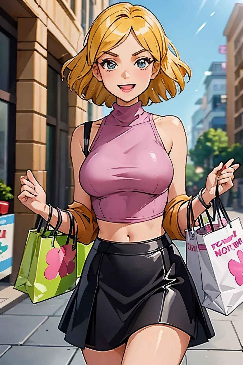 clover_from_totally_spies wearing a pink_turtleneck_top and a  black_leather_jacket, skirt, midriff, short blonde hair, gentle_and_happy_smile, happiness, female, beautiful, shopping bag, high resolution, 8k