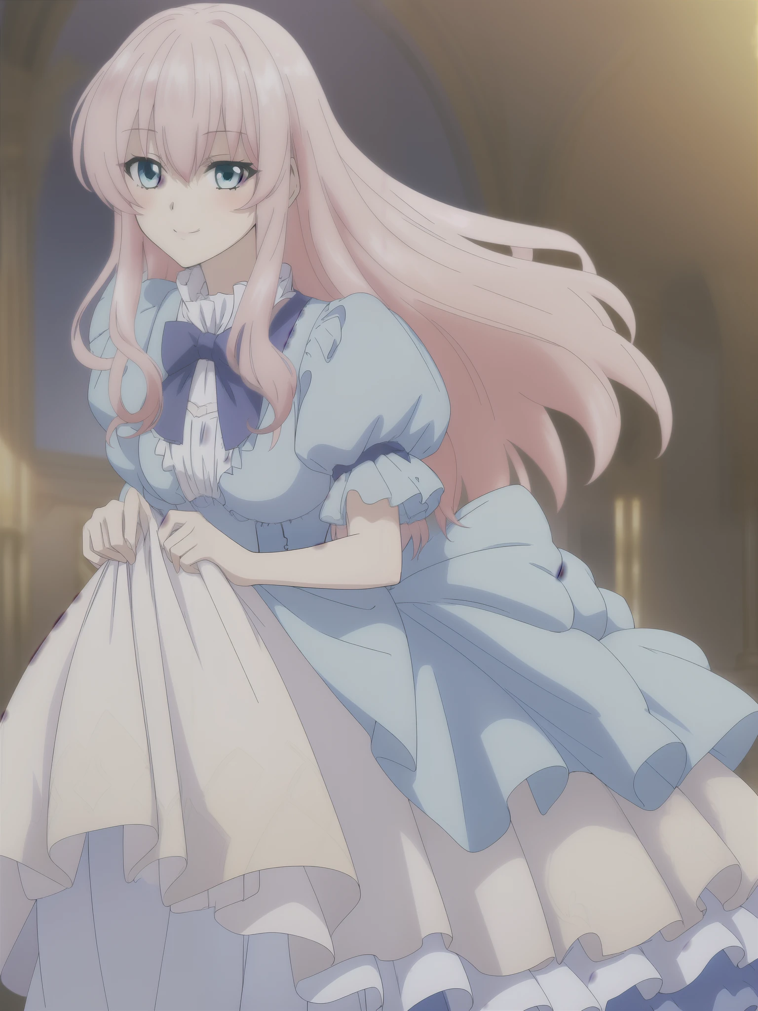 (((Best quality))),((Ultra-detailed)),((illustration)),((Disheveled hair)),((frilld)),(1 girl),
 1girl , aqua eyes , blue eyes , bow , dress , frilled dress , frills , full body , long hair , megurine luka , pink hair , puffy sleeves , short sleeves , simple background , skirt hold , smile , solo ,