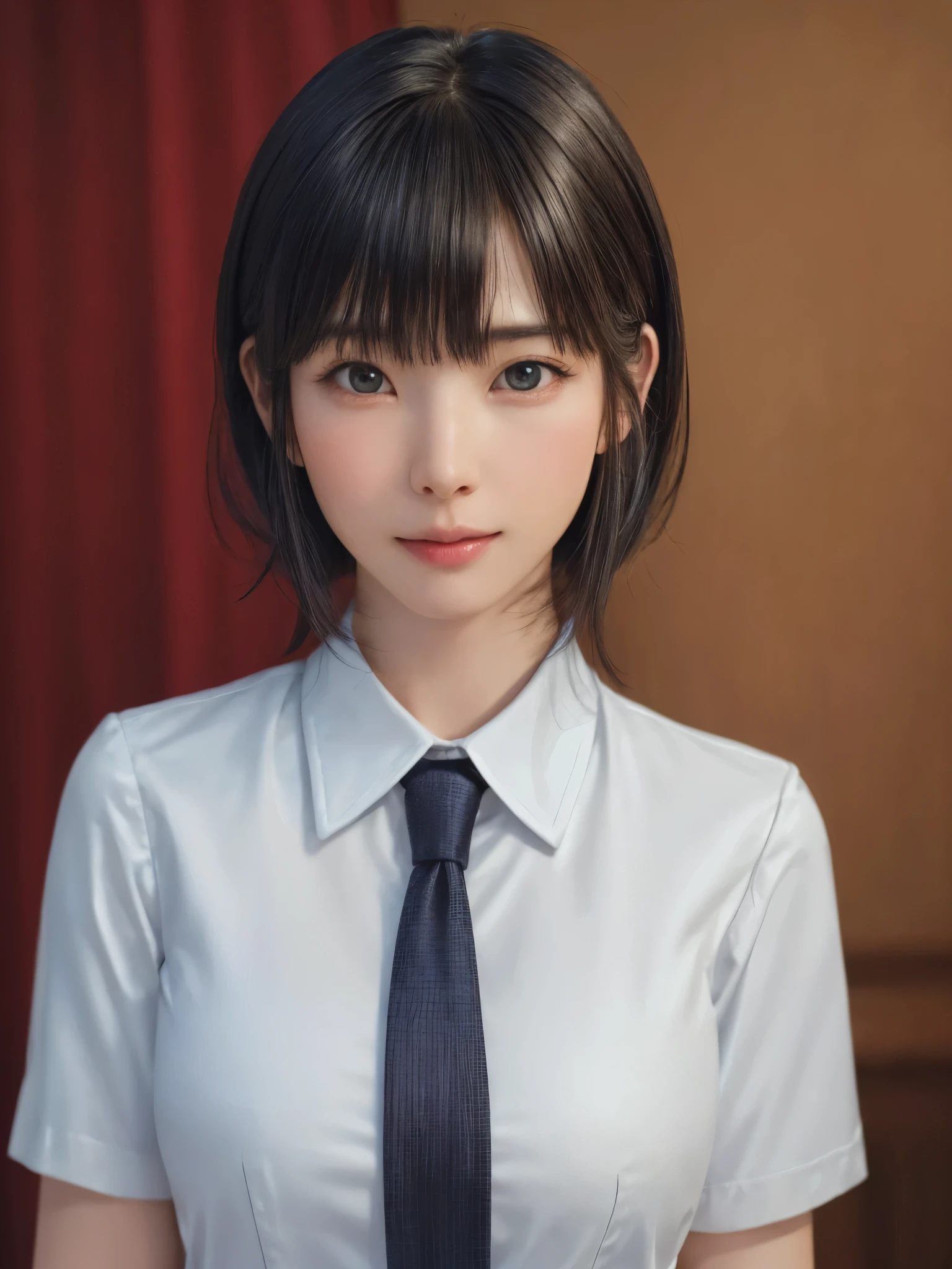 (masterpiece:1.3), (Realistic, RAW Photos, highest quality: 1.4), (One Girl), Beautiful Face, (超Realistic Face、シンメトリーのBeautiful Face), (Short black hair, short hair:1.6、bangs:1.3、Show off your beautiful ears), Beautiful Hairstyles, (Realistic eyes), Beautiful details, Long eyelashes, (Realistic Skin), Beautiful Skin, [Big Breasts:1.3], {Huge|big|Hugeな|Mega} chest, (Perfect body:1.3), (Detailed body:1.2), (tie), (Collared shirt, Pleated skirt:1.3), Absurd, charm, Ultra-high resolution, Ultra-realistic, Very detailed, Golden Ratio,Very cute beautiful woman、28 years old、Beautiful angle from behind