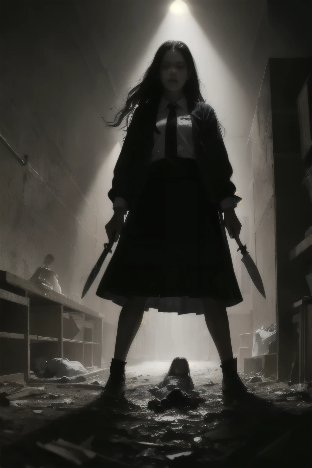 A young girl is trapped in a school with a cursed doll. She has a knife in her hands. she is (aterrorizado e desesperado:1.1) enquanto ela tenta (escapar:1.2) da boneca,The doll is a (assustador e torcido:1.1) version of your best friend,que morreu em um acidente de carro.,
BREAK The school is (escuro e sangrento:1.1),and there are some dead bodies,armadilhas,e mensagens nas paredes. The scene is (horrible and horrible:1.1),
dark backlight,cinematic lighting,atmosfera escura,
