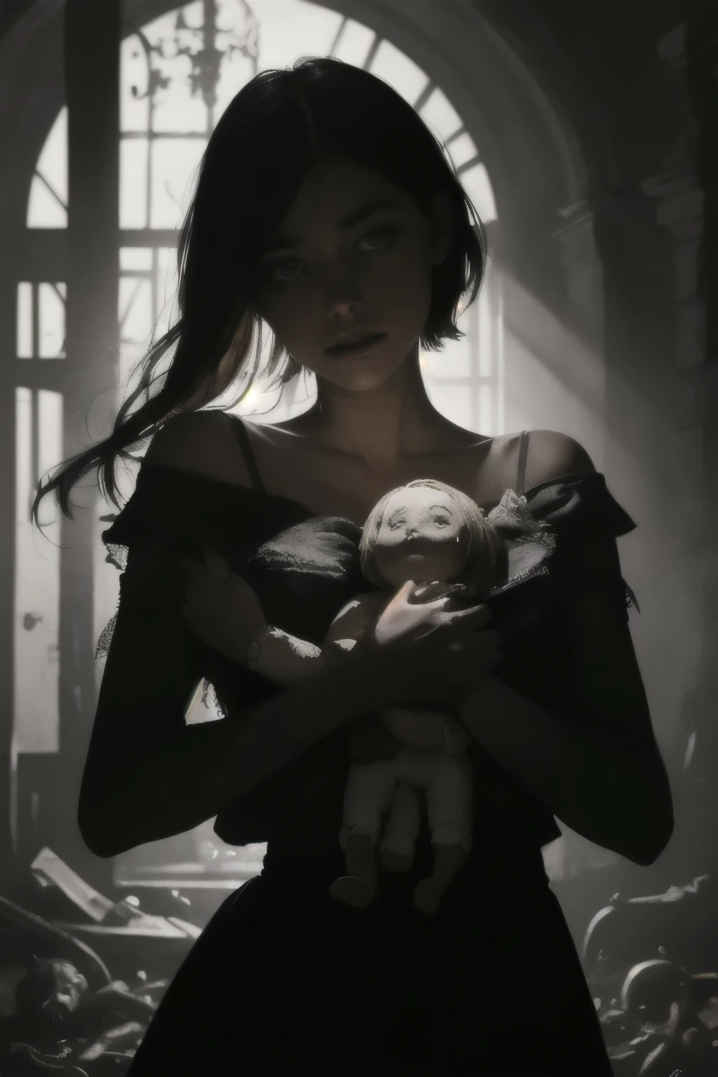 A young girl is trapped in a school with a cursed doll. She has a knife in her hands. she is (aterrorizado e desesperado:1.1) enquanto ela tenta (escapar:1.2) da boneca,The doll is a (assustador e torcido:1.1) version of your best friend,que morreu em um acidente de carro.,
BREAK The school is (escuro e sangrento:1.1),and there are some dead bodies,armadilhas,e mensagens nas paredes. The scene is (horrible and horrible:1.1),
dark backlight,cinematic lighting,atmosfera escura,
