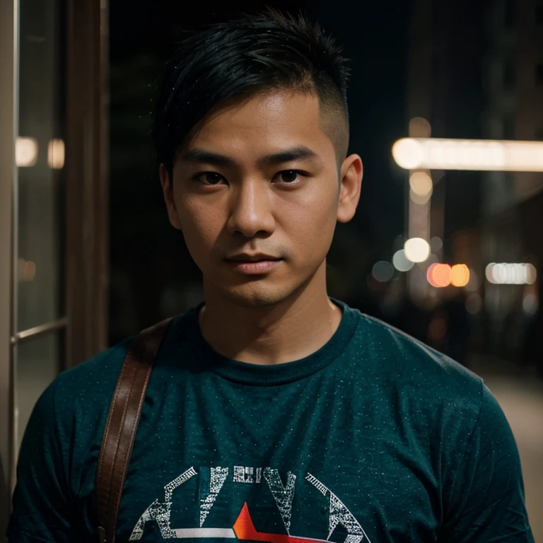 Young Asian man, 35 years old, Mohawk hair is cut short and neat.,) , Looking straight at you intently, alone, Community in the city at night, night sky warm light,) wide aperture, professional lighting, Sony A7R4, 50mm sessile lens., ,(T-shirt with green, red, dark blue pattern,)  Warm light, shot with a high quality camera 45,000,000,000,Pixels, realistic light colors,