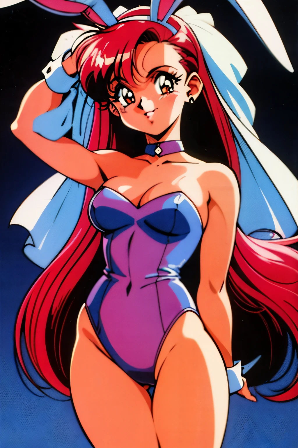 1990s (style), 1980s (style), retro artstyle, One girl, Ariana Grande, red hair, bunny ears, bunny outfit, sexy,