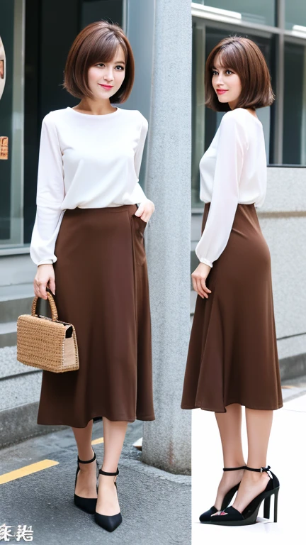  (8k、RAW Photos、highest quality、masterpiece)、one person、Japanese women、40 years old、Beautiful face、Asymmetrical Bob、Brown Hair、Full body photo、Maxi length tight skirt、High heels、Cut and sew with long sleeves、
