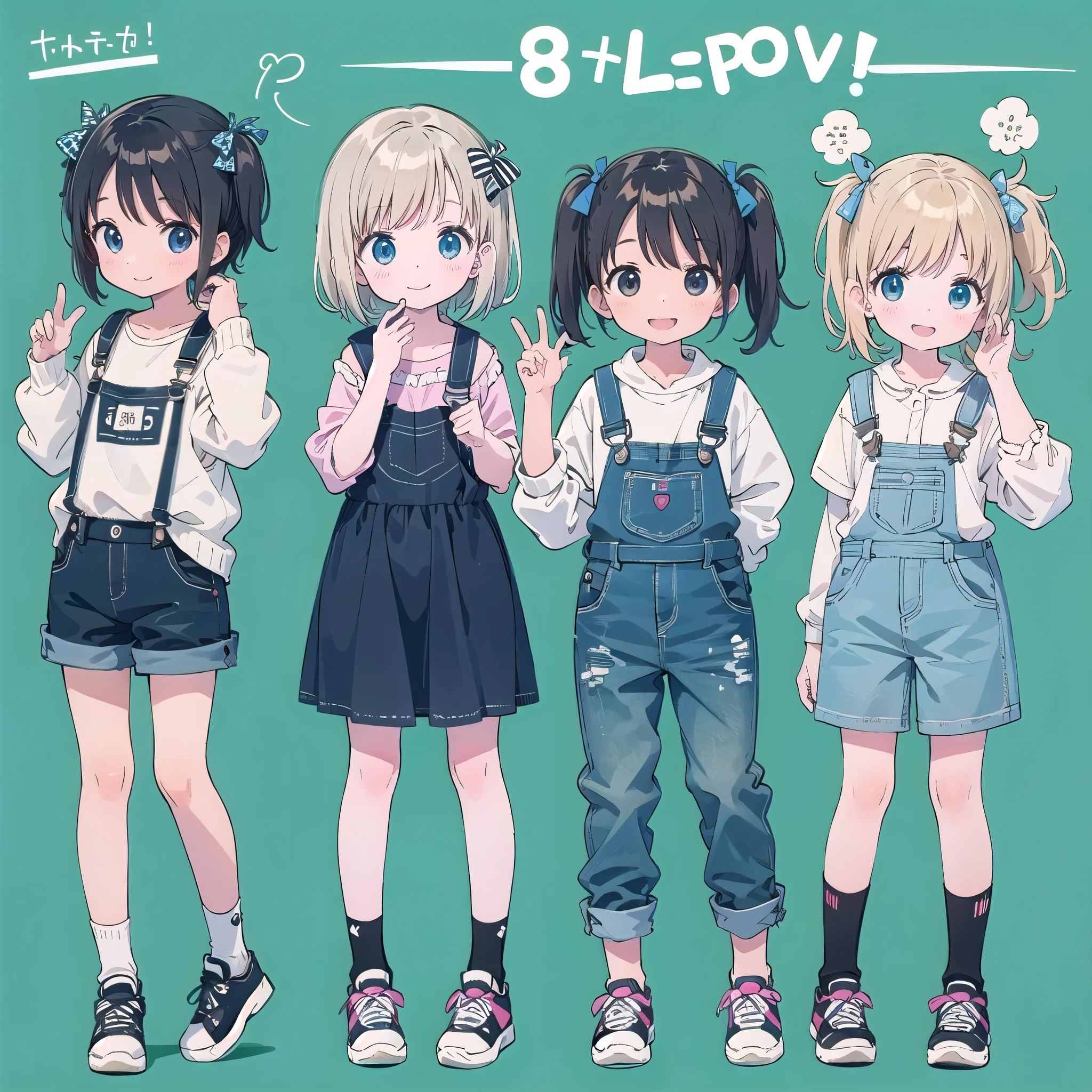 8-year-old、pretty girl、Overalls、A happy smile、Simple Background, Four Girls