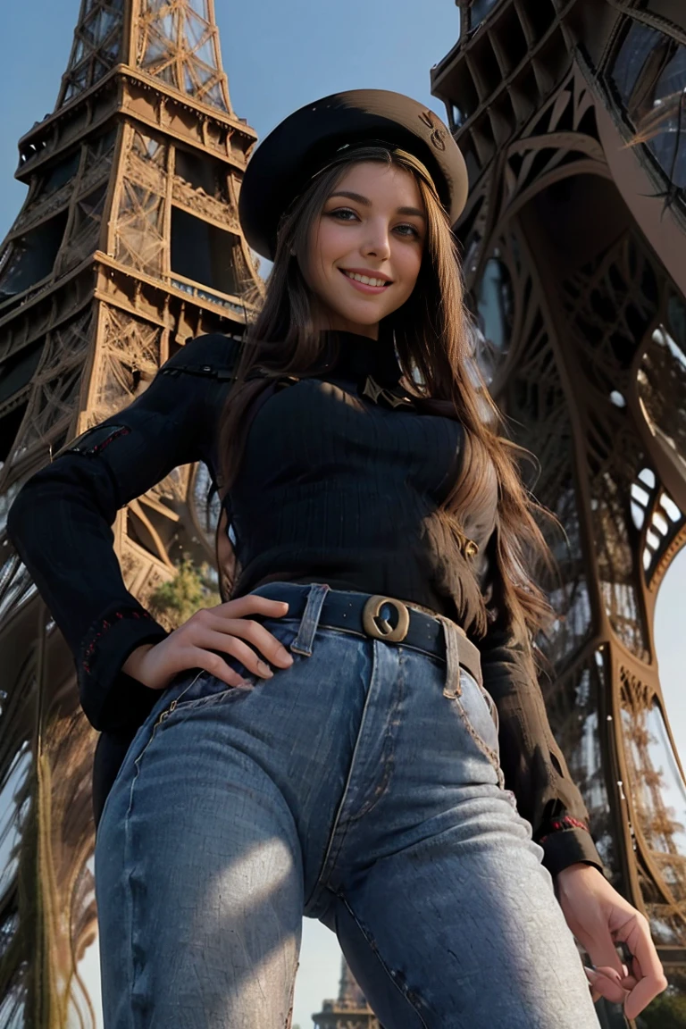 (best quality, masterpiece, ultra high resolution), (8k wallpaper, high-definition, HDR, RAW), (hyperrealistic), (authenticity: 1.4), (full body shot), 1girl, ((16 year old girl)), ((Long brown hair)), ((Pretty French Girl)), ((Pretty face)), ((Tight clothes)), ((Blue Eyes)), ((Pale skin)), amazing slim body, female curves, long legs, thick thighs, big ass, flat tummy, ((perfect hands)), ((Standing)), leaning forward, ((Beret hat)), ((Black jersey)), ((Tight Denim trousers)), from below, (low-angle shoot), ((Low_angle_human)), (( ((view at viewer)), ((Seductive smile)), (((Eiffel tower at background))), ((On Paris)), sunlight illumination, sunny day, divine illumination, contrast