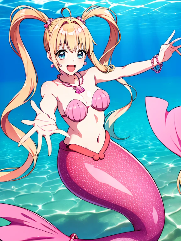 masterpiece, best quality, highres, hmnl, mermaid, twintails, blue eyes, long hair, ahoge, hair ornament, jewelry, pink mermaid, shell bikini, bracelet, earrings, shell necklace, underwater, ocean, smile, cowboy shot, reaching out, open mouth,