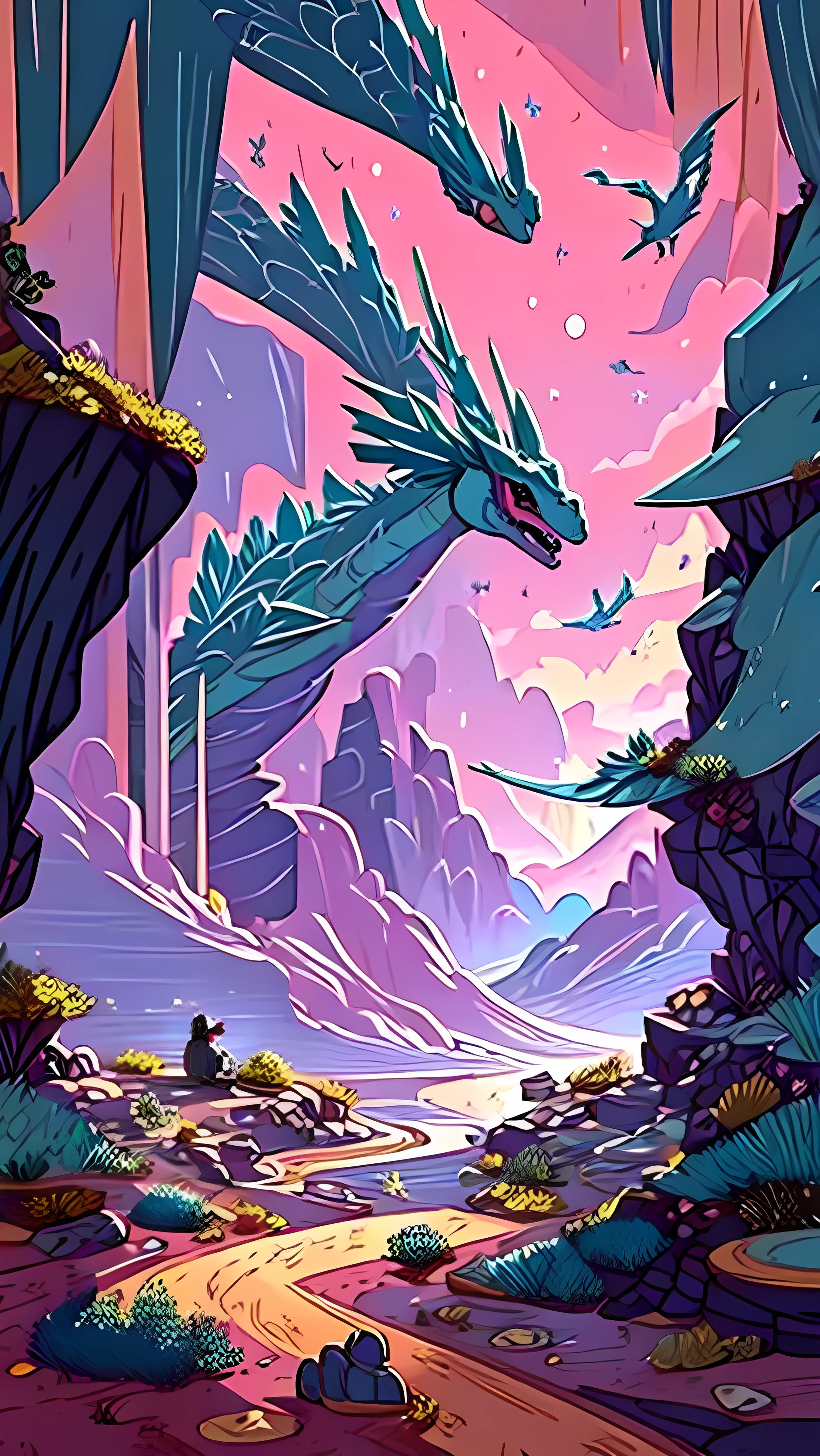 The illustration portrays a young adventurer who travels through a fantasy world in search of his dreams. It is located on a winding road that passes through green meadows and steep mountains, con un cielo pintado de tonos dorados y rosados al atardecer. A su alrededor, magical creatures and fantastic beings accompany him on his journey, desde hadas danzantes hasta dragones majestuosos. The illustration conveys a sense of awe and wonder, invitando al espectador a embarcarse en su propia aventura hacia lo desconocido.