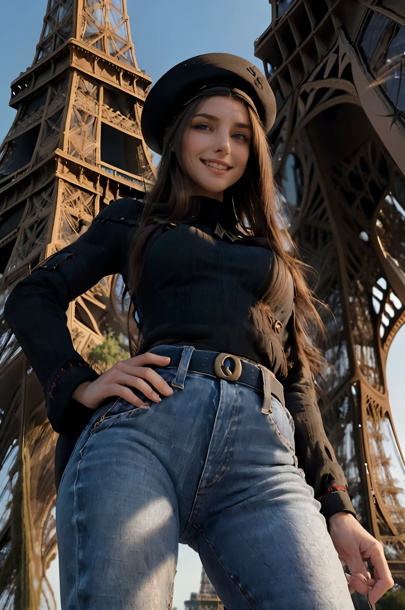 (best quality, masterpiece, ultra high resolution), (8k wallpaper, high-definition, HDR, RAW), (hyperrealistic), (authenticity: 1.4), (full body shot), 1girl, ((16 year old girl)), ((Long brown hair)), ((Pretty French Girl)), ((Pretty face)), ((Tight clothes)), ((Blue Eyes)), ((Pale skin)), amazing slim body, female curves, long legs, thick thighs, big ass, flat tummy, ((perfect hands)), ((Standing)), leaning forward, ((Beret hat)), ((Black jersey)), ((Tight Denim trousers)), from below, (low-angle shoot), ((Low_angle_human)), (( ((view at viewer)), ((Seductive smile)), (((Eiffel tower at background))), ((On Paris)), sunlight illumination, sunny day, divine illumination, contrast