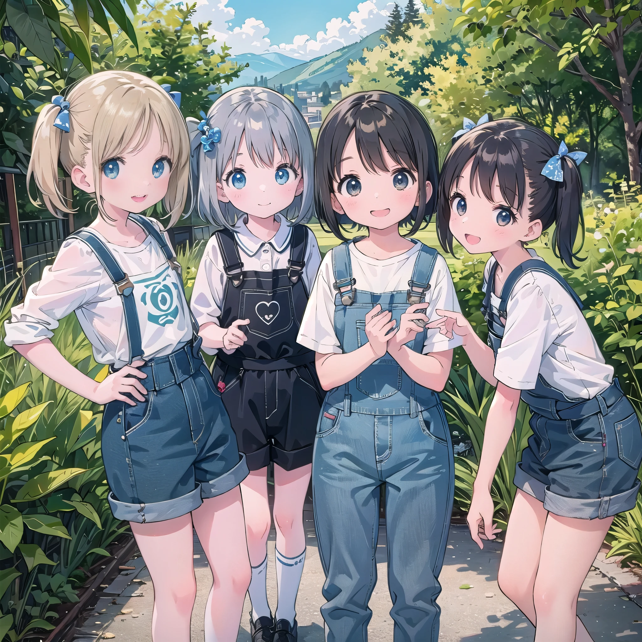 8-year-old、pretty girl、Overalls、A happy smile、beautiful Background, Four Girls