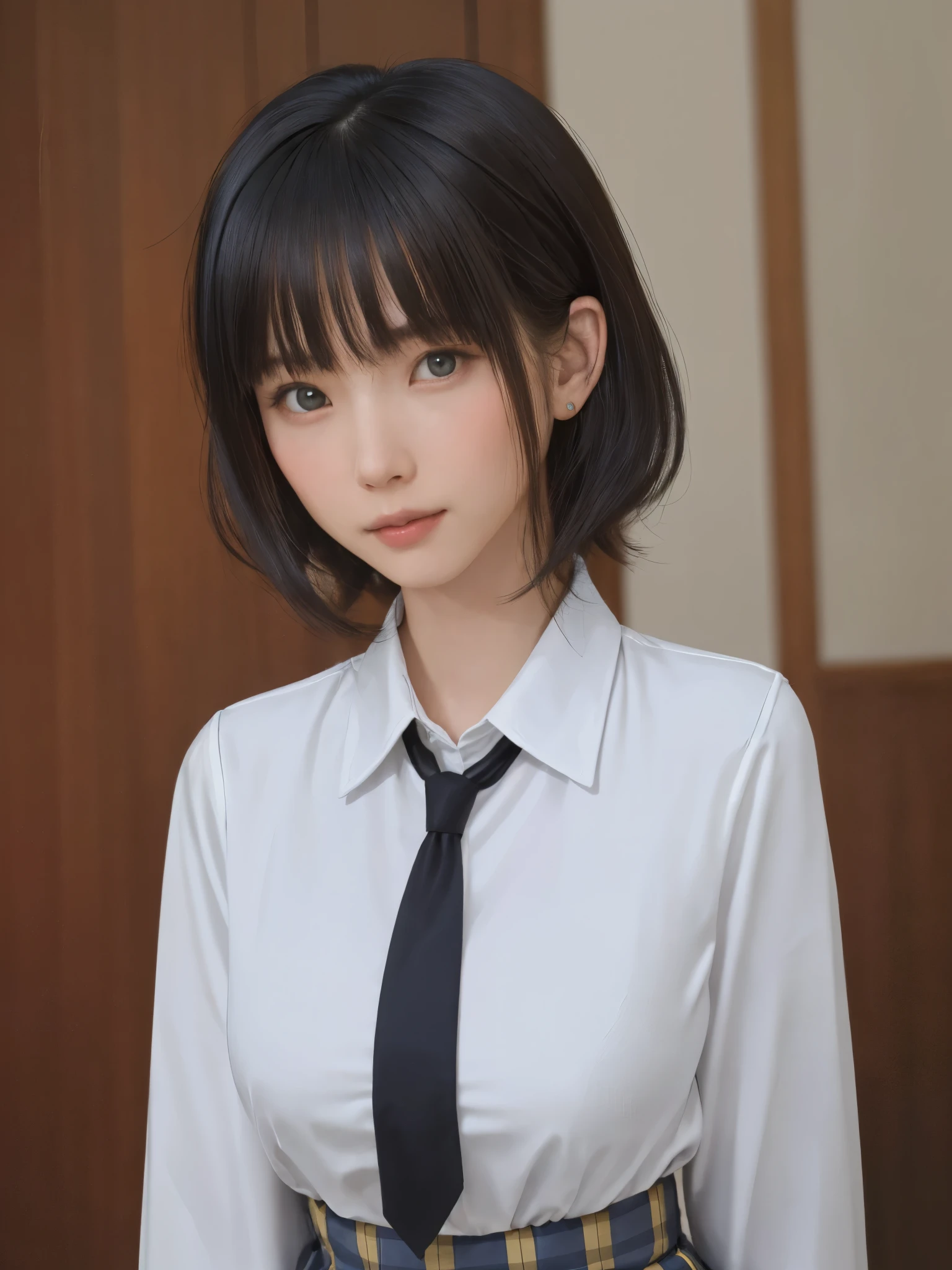 (masterpiece:1.3), (Realistic, RAW Photos, highest quality: 1.4), (One Girl), Beautiful Face, (超Realistic Face、シンメトリーのBeautiful Face), (Short black hair, short hair:1.6、bangs:1.3、Show off your beautiful ears), Beautiful Hairstyles, (Realistic eyes), Beautiful details, Long eyelashes, (Realistic Skin), Beautiful Skin, [Big Breasts:1.3], {Huge|big|Hugeな|Mega} chest, (Perfect body:1.3), (Detailed body:1.2), (tie), (Collared shirt, Pleated skirt:1.3), Absurd, charm, Ultra-high resolution, Ultra-realistic, Very detailed, Golden Ratio,Very cute beautiful woman、28 years old、Beautiful angle from behind