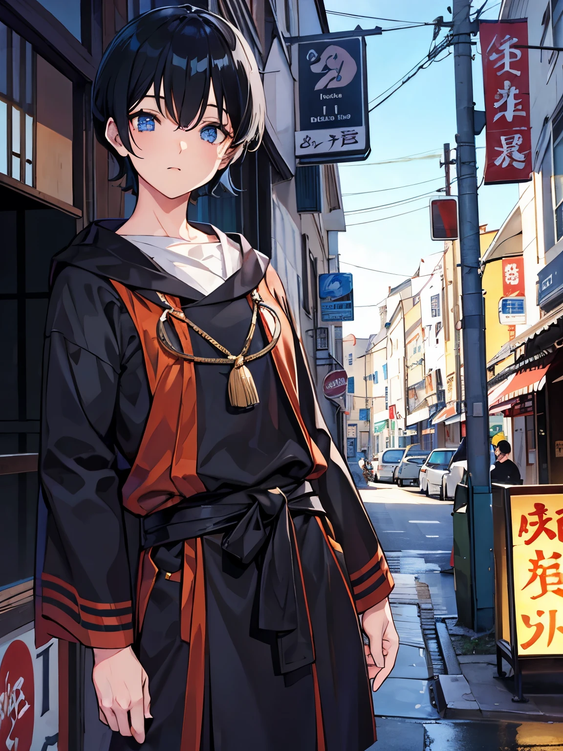 male blue eyes Black Hair Showa Retro Short Hair Monk's working clothes Aquarium fish