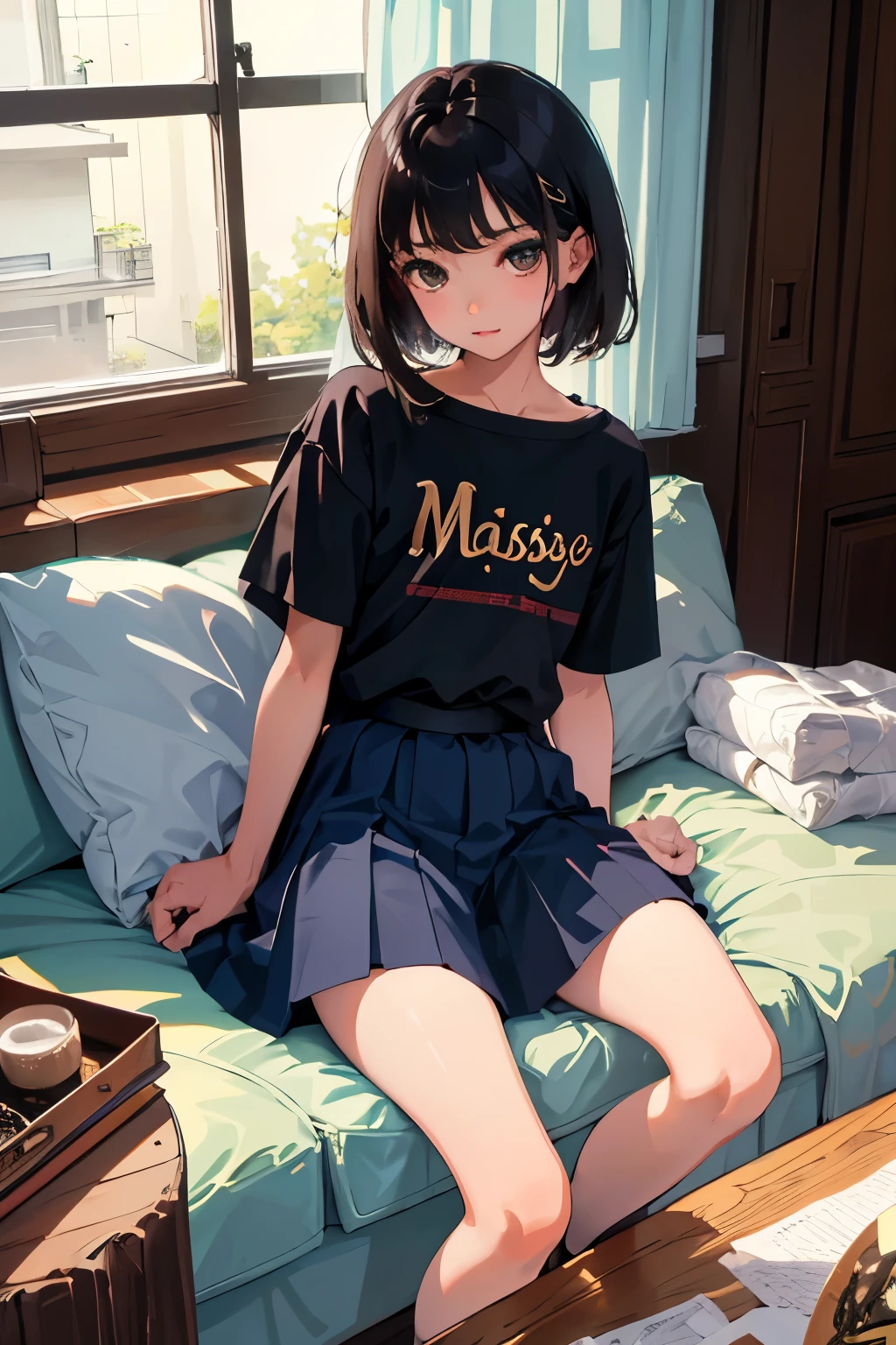 (child)，highest quality，Beautiful face in every detail，cute，Dark brown eyes，(背の低いcute女の子，Small young student，Young delicate girl）,（masterpiece，Top quality)，Black Hair，Sleepy expression，Short sleeve，Denim skirt