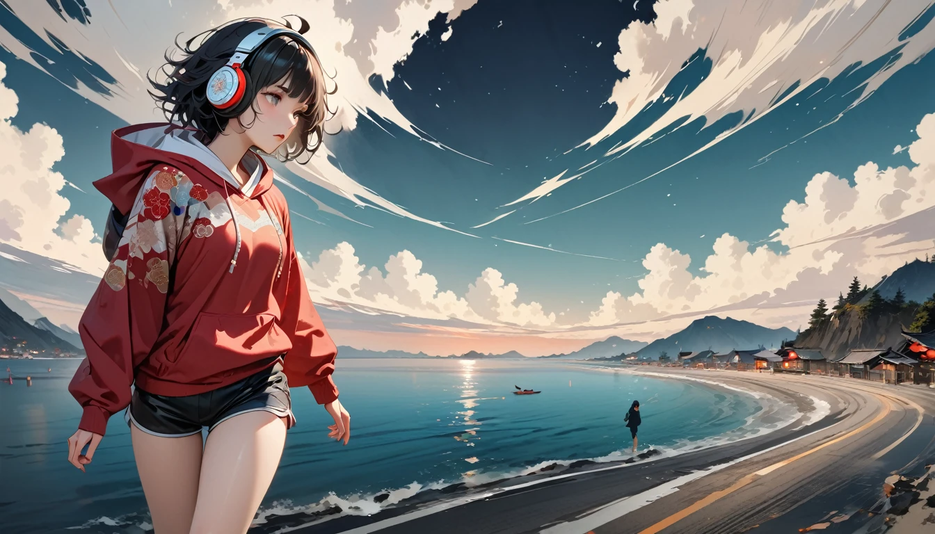 (((8k, Masterpiece, high resolution, highest quality, highest quality real texture skin))), ((wearing Japanese pattern headphones)), (Beautiful Japanese woman with a very well-shaped face, height 155cm, beautiful glossy lips, whole body, hoodie), (((Strolling along the seaside road at night))), (Covers the hood, fold your arms: 1.5, Japanese style shorts), (Outer box: 1.2, Japanese pattern hoodie, super mini shorts), (black hair, messy hair, beige skin), (surreal, digital painting)