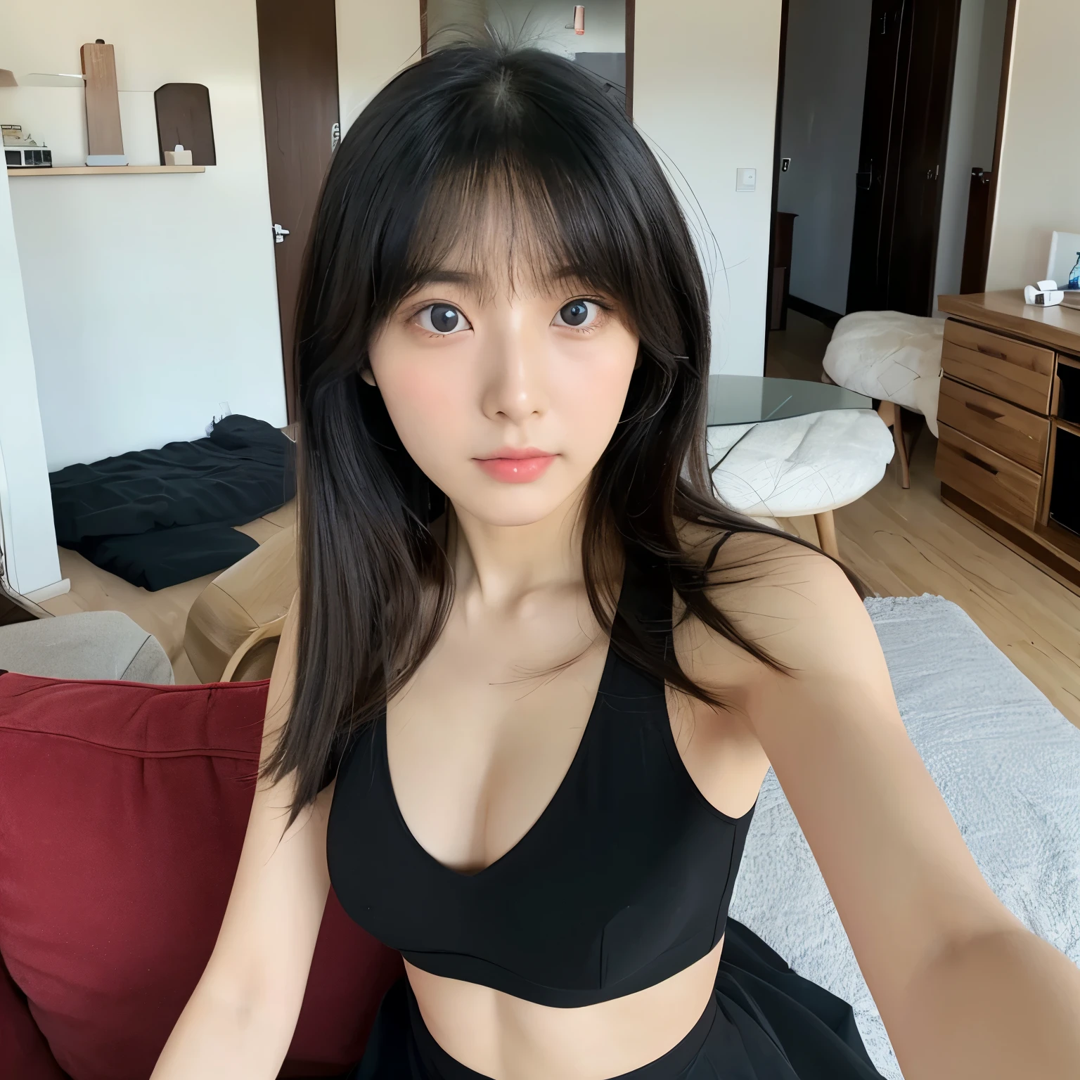 Highest quality、(1 person)、Reality、live-action、Selfie、Selphy、living、Simple room、(Black camisole)、(flat chest:1.2)、Chest close-up