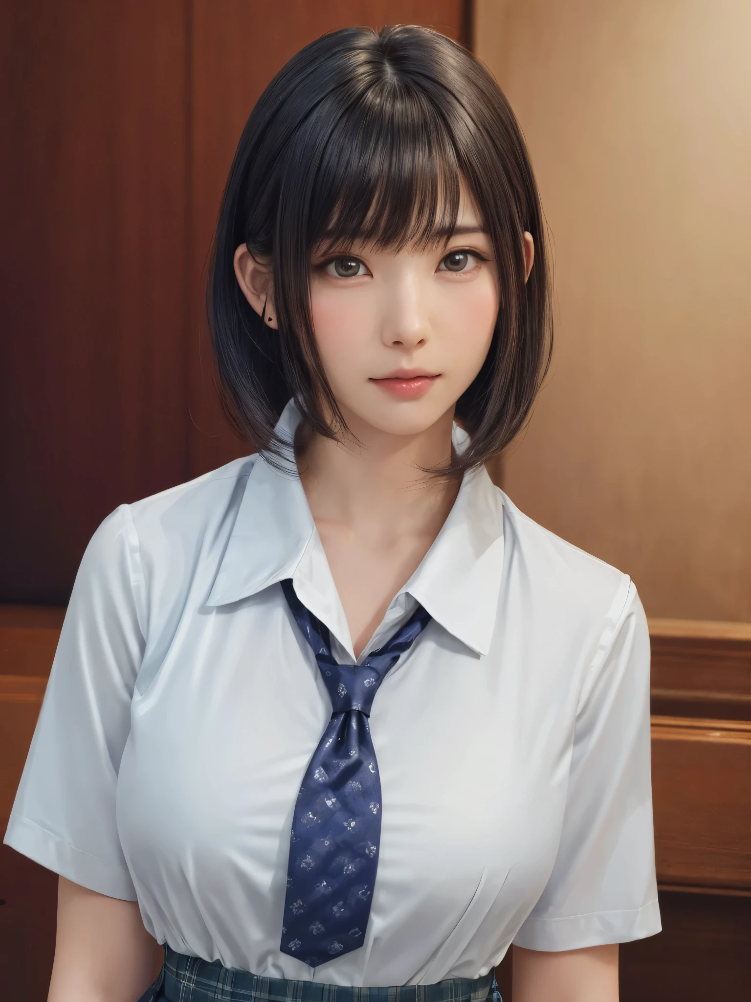 (masterpiece:1.3), (Realistic, RAW Photos, highest quality: 1.4), (One Girl), Beautiful Face, (超Realistic Face、シンメトリーのBeautiful Face), (Short black hair, short hair:1.6、bangs:1.3、Show off your beautiful ears), Beautiful Hairstyles, (Realistic eyes), Beautiful details, Long eyelashes, (Realistic Skin), Beautiful Skin, [Big Breasts:1.3], {Huge|big|Hugeな|Mega} chest, (Perfect body:1.3), (Detailed body:1.2), (tie), (Collared shirt, Pleated skirt:1.3), Absurd, charm, Ultra-high resolution, Ultra-realistic, Very detailed, Golden Ratio,Very cute beautiful woman、28 years old、Beautiful angle from behind