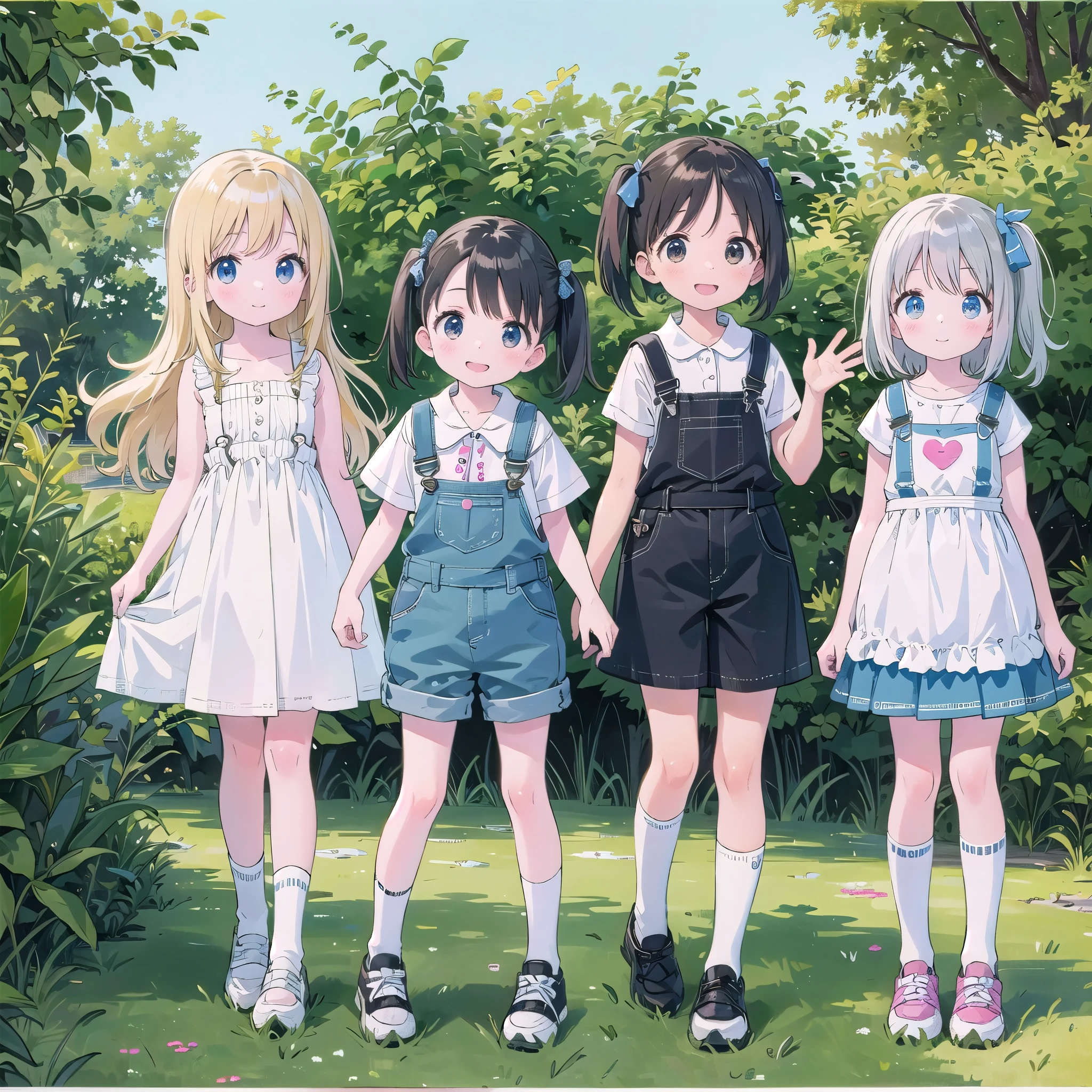 8-year-old、pretty girl、Overalls、A happy smile、beautiful Background, Four Girls