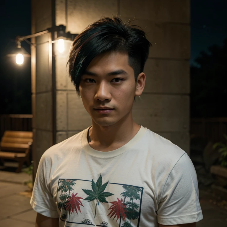 Young Asian man, 25 years old, Mohawk hair is cut short and neat.,) , Looking straight at you intently, alone, Community in the city at night, night sky warm light,) wide aperture, professional lighting, Sony A7R4, 50mm sessile lens., ,(Marijuana leaf pattern t-shirt,green red dark blue,)  Warm light, shot with a high quality camera 45,000,000,000,Pixels, realistic light colors,