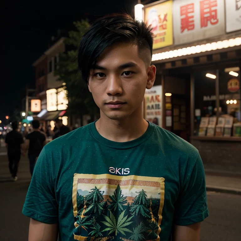 Young Asian man, 25 years old, Mohawk hair is cut short and neat.,) , Looking straight at you intently, alone, Community in the city at night, night sky warm light,) wide aperture, professional lighting, Sony A7R4, 50mm sessile lens., ,(Marijuana leaf pattern t-shirt,green red dark blue,)  Warm light, shot with a high quality camera 45,000,000,000,Pixels, realistic light colors,