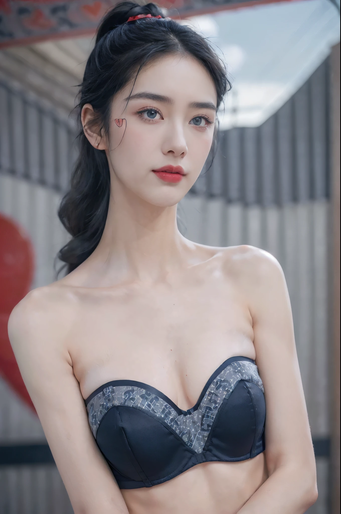 (Extremely meticulous CG),(((8k))),wallpaper,((Extremely refined and beautiful)),(((Masterpiece))),(((best qualtiy))),(((Ultra High Resolution))),beautiful light up,realistic shaded,(Smooth and flawless fair skin:1.5),(Extremely exquisite facial details:1.2),(ultra-detailed:1.5),((a beautiful girl,solo)),(short ponytail:1.2),(small head:1.2),(slender face:1.2),(Exquisite makeup:1.3),(happy:1.2),(laughing:1.2),(perfect body:1.1),(strapless dark navy blue-gray bra with a huge red heart pattern:1.5),((slim,thin)),(from front:1.3),(standing:1.3),(at the schoolgate:1.3),(outdoor:1.2),(early summer:1.3),(day scene:1.5),(cloudy:1.3),(surrounded by crowded crowds:1.3),(close-up of face:1.3)