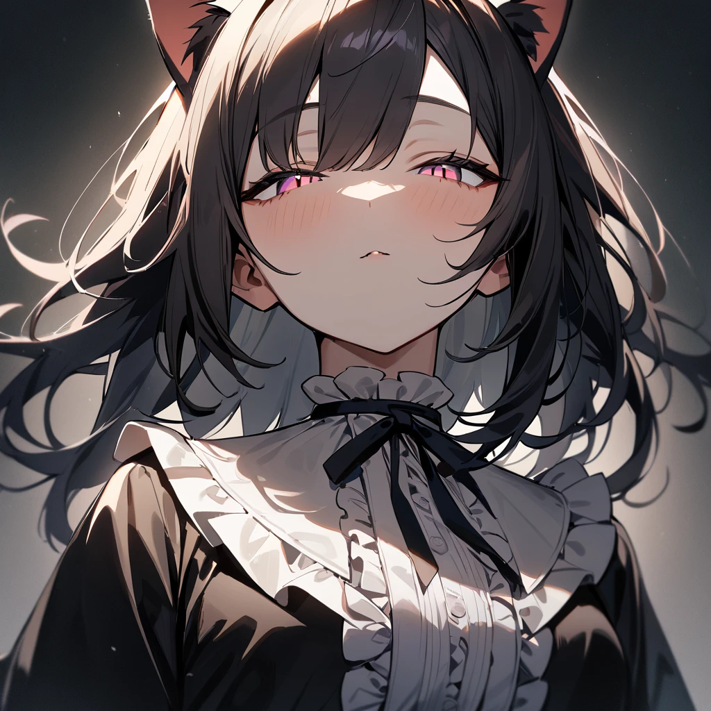 1girl,portrait,Cat ear,Slit pupil,masterpiece,best quality, very aesthetic,absurdres,highlight,center frills,cat ear,medium shot,looking at viewer,half closed eyes,looking up