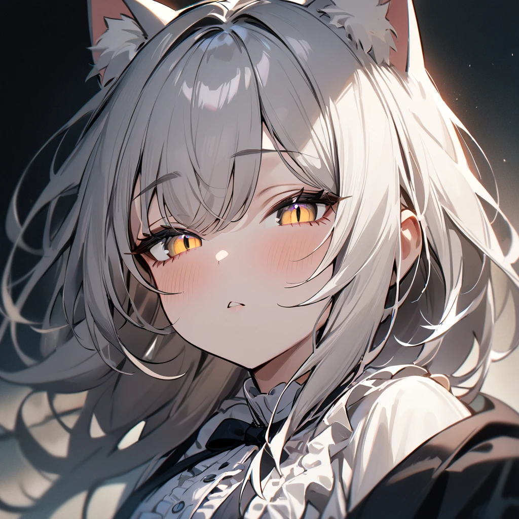 1girl,portrait,Cat ear,Slit pupil,masterpiece,best quality, very aesthetic,absurdres,highlight,center frills,cat ear,medium shot,looking at viewer,half closed eyes,looking up