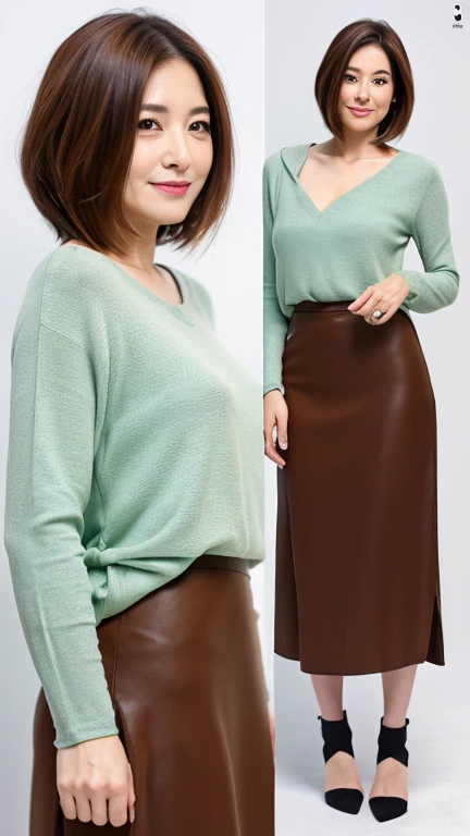 (8k、RAW Photos、highest quality、masterpiece)、one person、Japanese women、40 years old、Beautiful face、Asymmetrical Bob、Brown Hair、Full body photo、Maxi length tight skirt、High heels、Cut and sew with long sleeves、