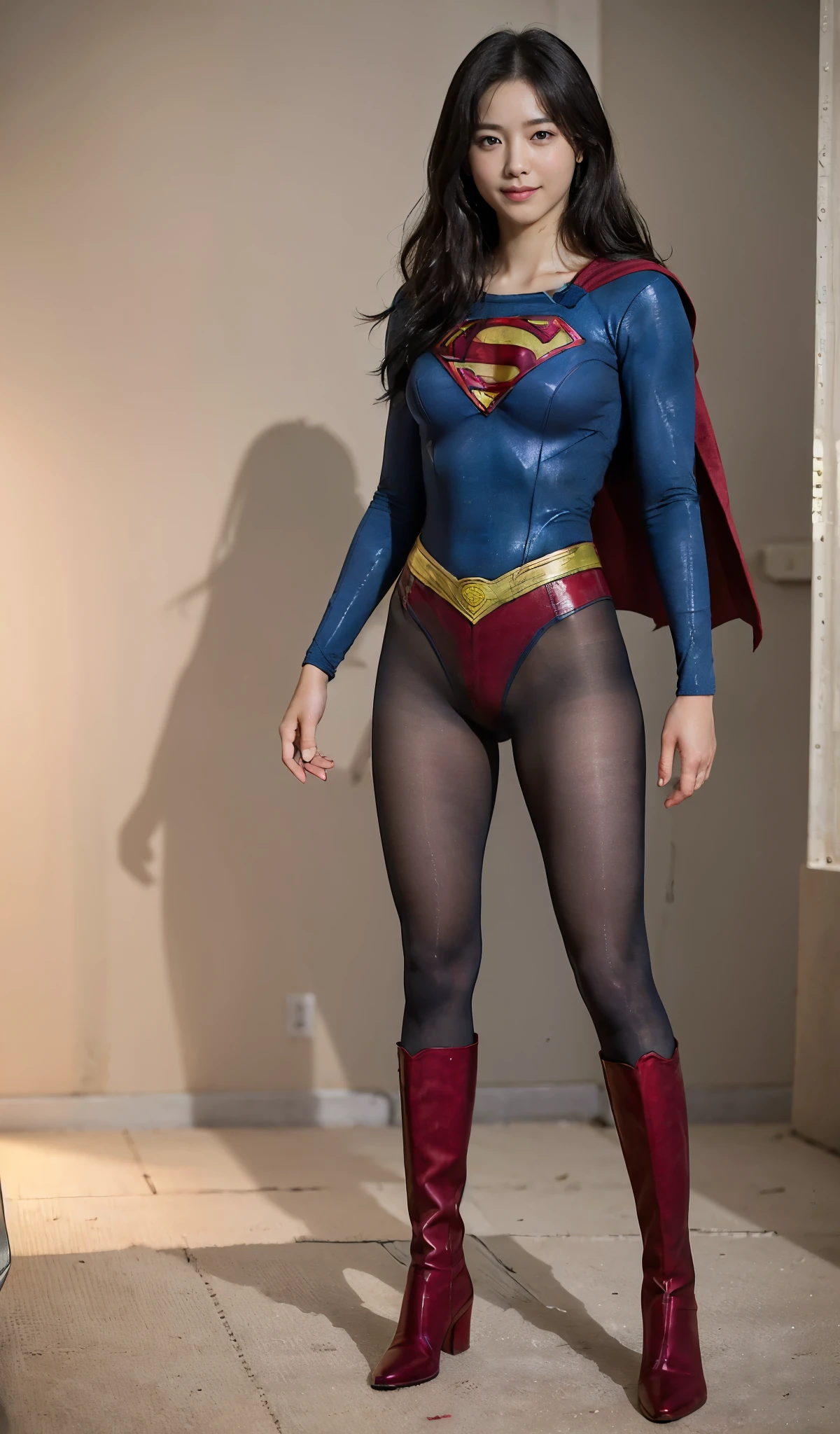 No background、(((Improve your style)))、(((Model Body Type)))、(((Beautiful legs in black tights.)))、(((Legally express the beauty of your smile)))、((((Make the most of your original images)))、(((Supergirl Costume)))、(((A form-fitting Supergirl costume)))、(((Beautiful Hair)))、(((suffering)))、(((Please wear black tights....、Wear red boots)))、((Best image quality、8k))、((highest quality、8k、masterpiece:1.3))、(((Preserve background )))、Sharp focus:1.2、Beautiful woman with perfect figure:1.4、Slim Abs:1.2、Wet body:1.5、Highly detailed face and skin texture、8k