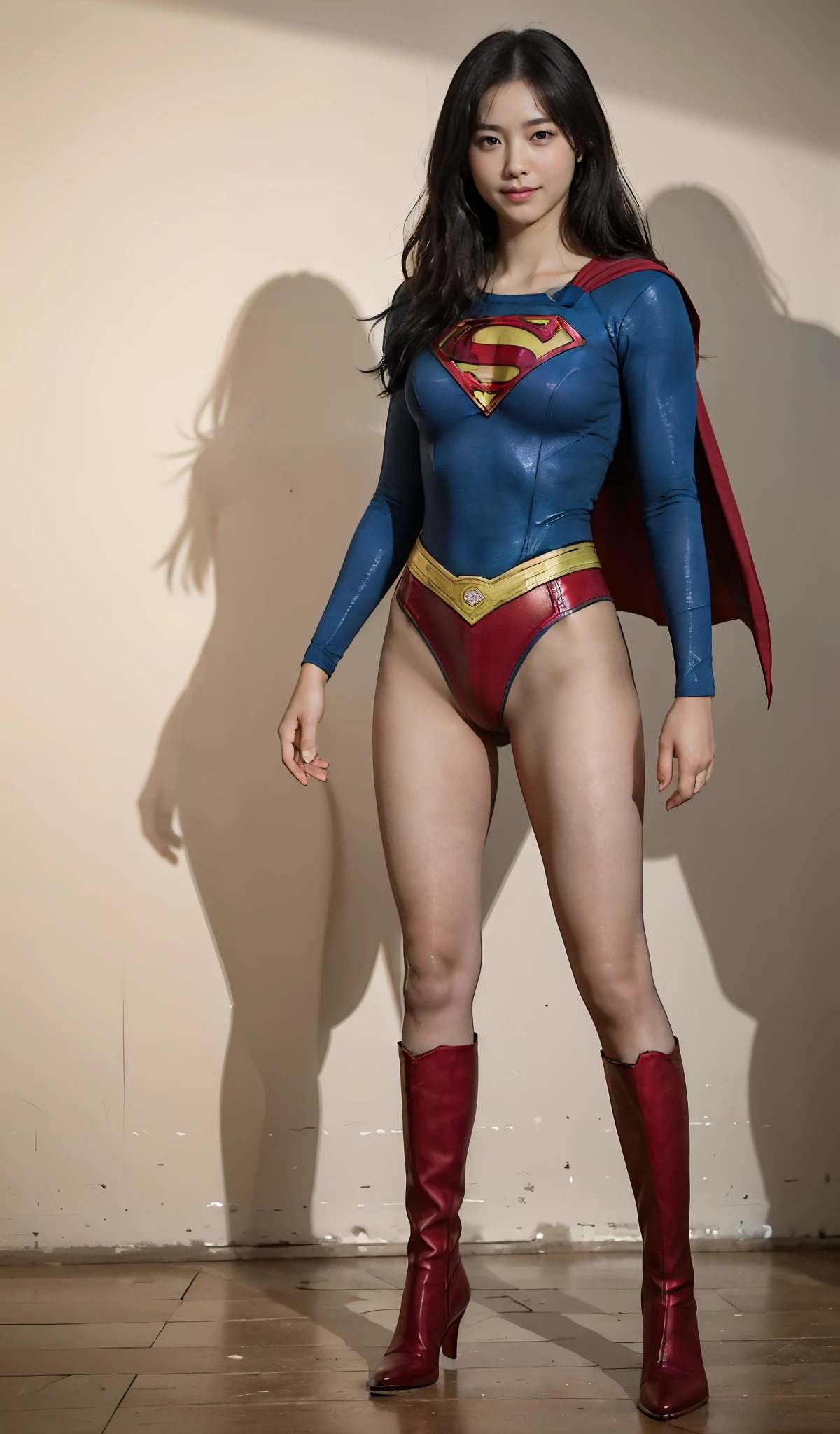 No background、(((Beautiful legs in black tights.)))、(((Legally express the beauty of your smile)))、((((Make the most of your original images)))、(((Body-hugging Supergirl costume)))、(((Supergirl Costume)))、(((Beautiful short hair)))、(((She is winking cutely.)))、(((Please wear black tights....、Wear red boots)))、((Best image quality、8k))、((highest quality、8k、masterpiece:1.3))、(((Preserve background )))、Sharp focus:1.2、Beautiful woman with perfect figure:1.4、Slim Abs:1.2、Wet body:1.5、Highly detailed face and skin texture、8k