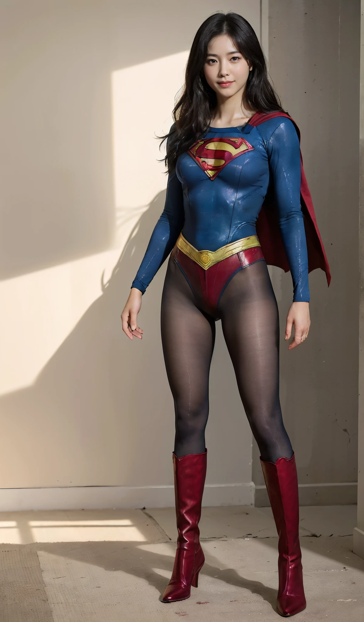 No background、(((Beautiful legs in black tights.)))、(((Legally express the beauty of your smile)))、((((Make the most of your original images)))、(((Body-hugging Supergirl costume)))、(((Supergirl Costume)))、(((Beautiful short hair)))、(((She is winking cutely.)))、(((Please wear black tights....、Wear red boots)))、((Best image quality、8k))、((highest quality、8k、masterpiece:1.3))、(((Preserve background )))、Sharp focus:1.2、Beautiful woman with perfect figure:1.4、Slim Abs:1.2、Wet body:1.5、Highly detailed face and skin texture、8k