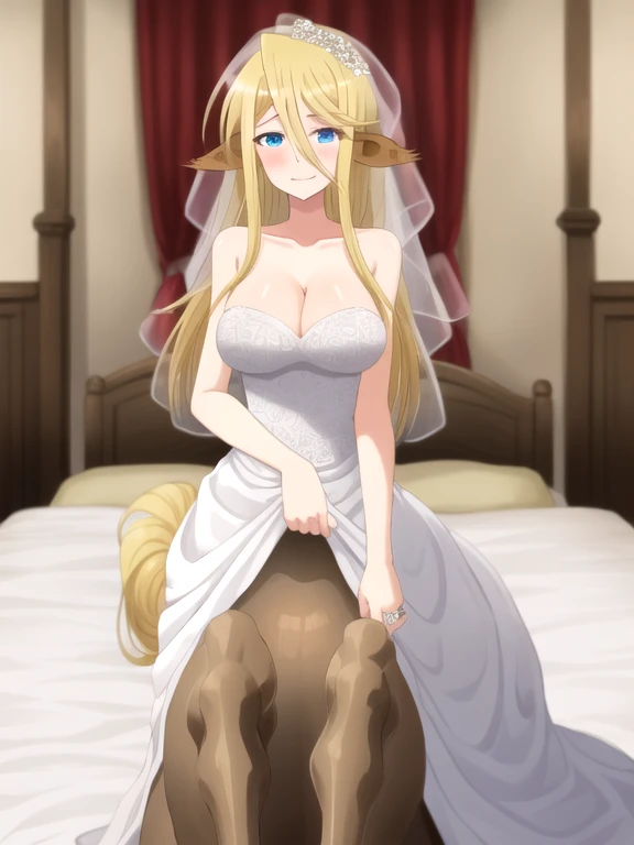 Centaur, long hair, blonde hair, blue eyes, cleavage, wedding dress, bedroom, looking at viewer, happy,