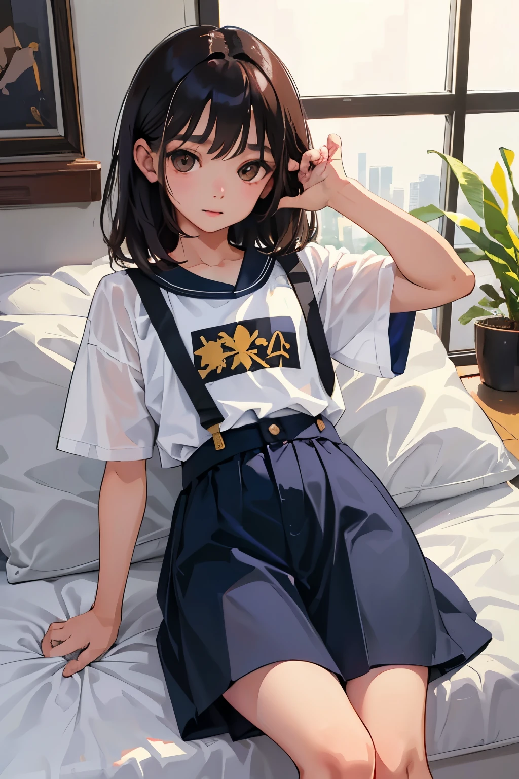 (child),highest quality,Beautiful face in every detail,cute,Dark brown eyes,(背の低いcute女の子,Small young student,Young delicate girl),(masterpiece,Top quality),Black Hair,Sleepy expression,Short sleeve,Denim skirt