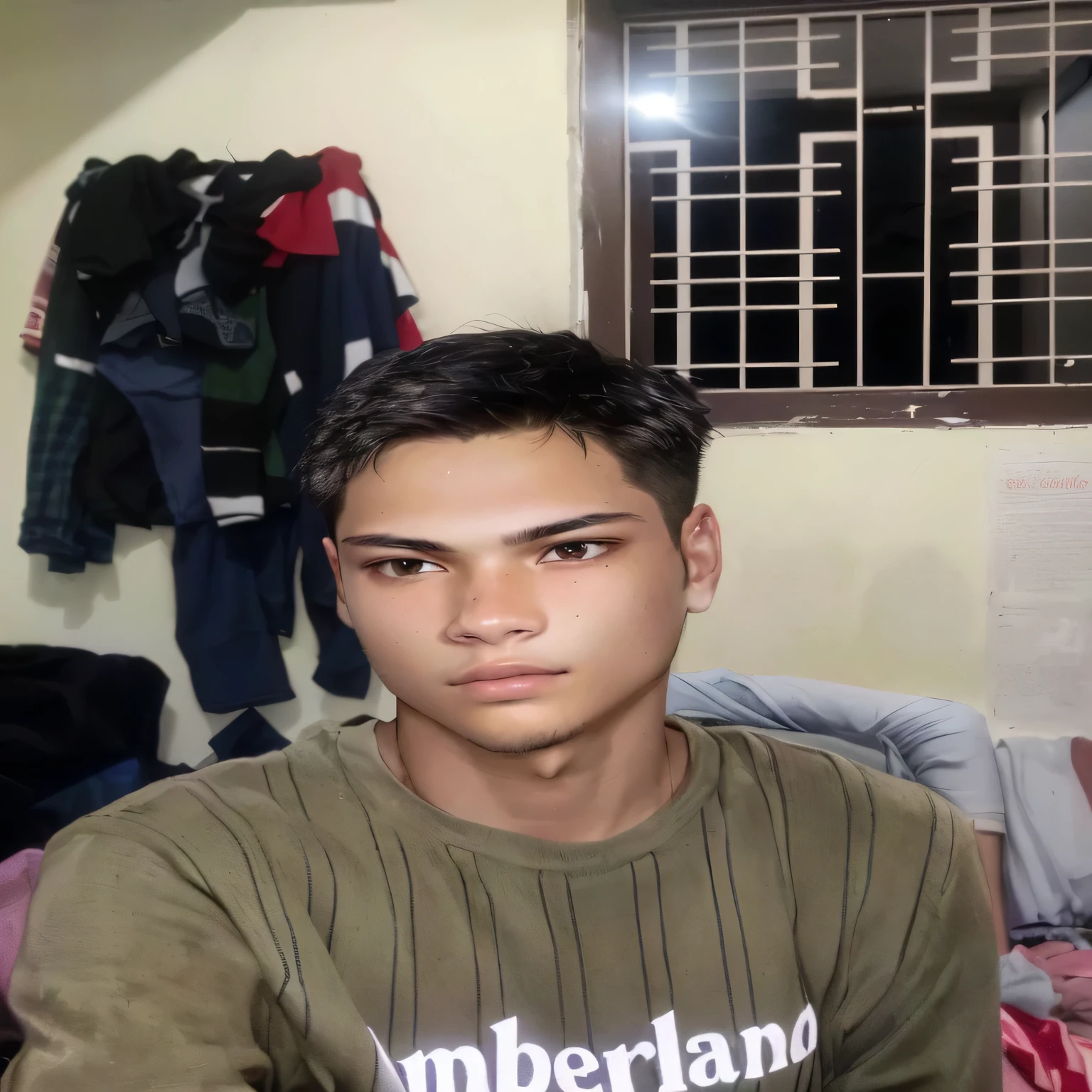 there is a man sitting in a room with a bunch of clothes, with accurate face, around 1 , with serious face expression, front profile!!!!, very very very beautifull face, 1 7 - year - old boy thin face, with kind face, harsh good looking face, face picture, without beard, clean shaven face, boy with neutral face