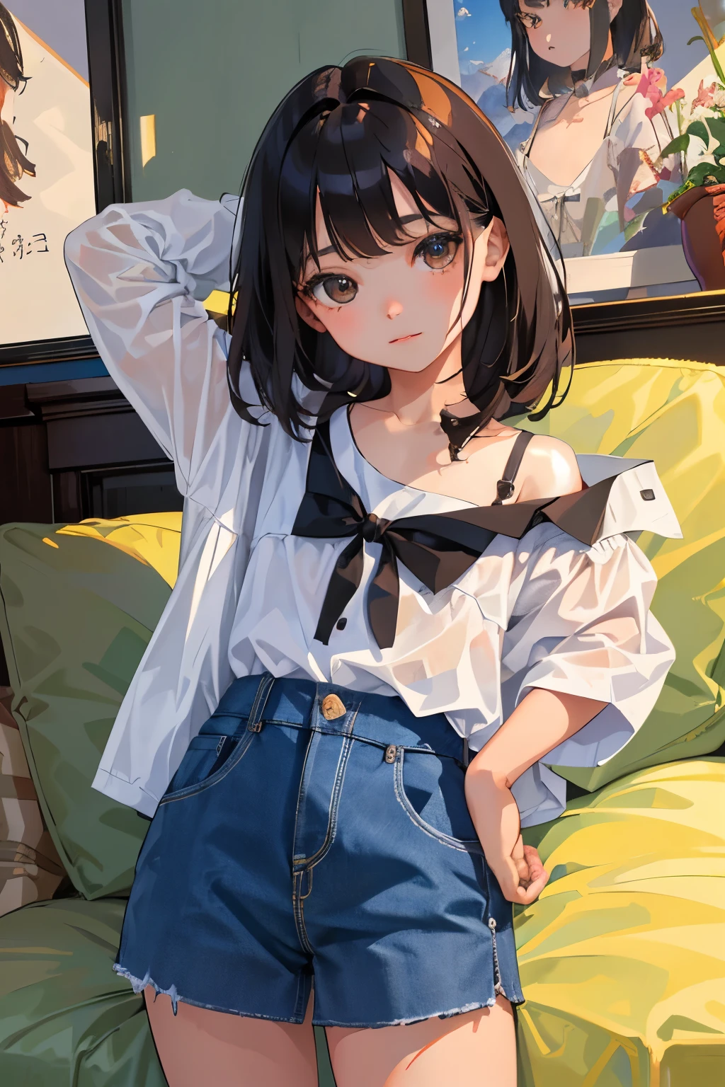 ()，highest quality，Beautiful face in every detail，cute，Dark brown eyes，(背の低いcute女の子，Smallg student，Yoicate girl）,（masterpiece，Top quality)，Black Hair，Sleepy expression，Short sleeve，Denim skirt