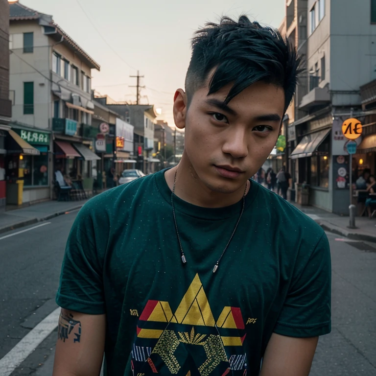 Young Asian man, 25 years old, Mohawk hair cut short,) , Looking straight at you intently, alone, Community in the city at night, night sky warm light,) wide aperture, professional lighting, Sony A7R4, 50mm sessile lens., ,(Marijuana leaf pattern t-shirt,green red dark blue,)  Warm light, shot with a high quality camera 45,000,000,000,Pixels, realistic light colors,