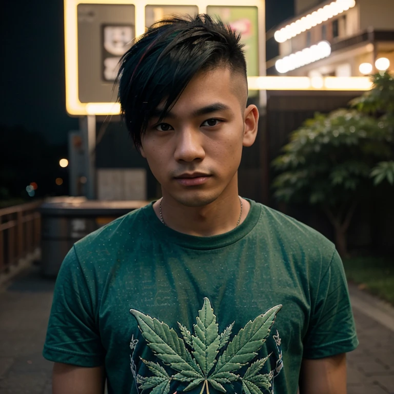 Young Asian man, 25 years old, Mohawk hair cut short,) , Looking straight at you intently, alone, Community in the city at night, night sky warm light,) wide aperture, professional lighting, Sony A7R4, 50mm sessile lens., ,(Marijuana leaf pattern t-shirt,green red dark blue,)  Warm light, shot with a high quality camera 45,000,000,000,Pixels, realistic light colors,