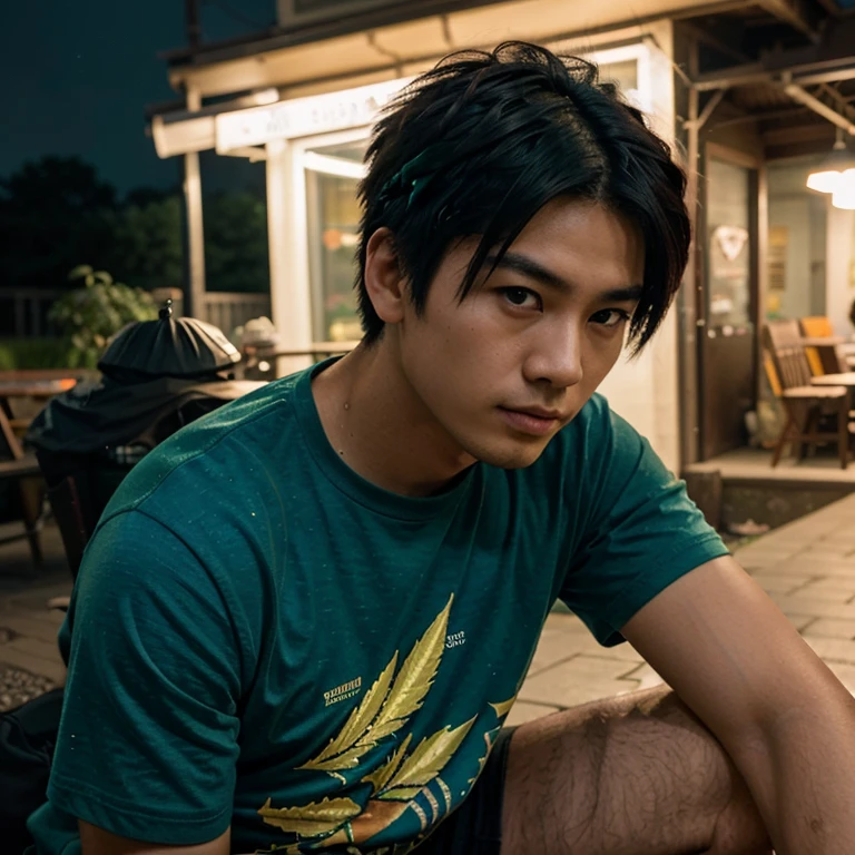 Young Asian man, 25 years old, Mohawk hair cut short,) , Looking straight at you intently, alone, Community in the city at night, night sky warm light,) wide aperture, professional lighting, Sony A7R4, 50mm sessile lens., ,(Marijuana leaf pattern t-shirt,green red dark blue,)  Warm light, shot with a high quality camera 45,000,000,000,Pixels, realistic light colors,