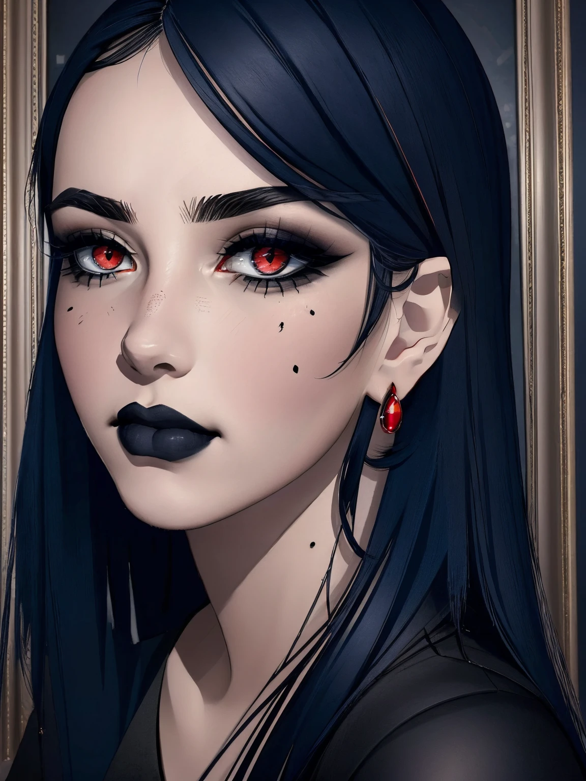 (best quality), (masterpiece), (detailed), (realistic), ((the whole body is in the frame)), (looks at the viewer), 1 girl, (dark blue hair, black lipstick, red eyes, black narrow pupils, red drop earrings, thick long eyelashes), black tight skirt, black blouse, black shoes, black tights, a mole on the left cheek from below, (agata:1.5) , 