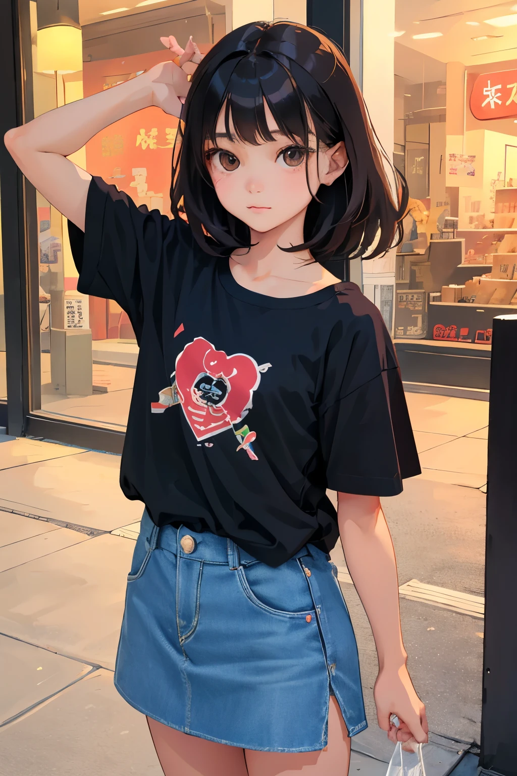 ()，highest quality，Beautiful face in every detail，cute，Dark brown eyes，(背の低いcute女の子，Smallg student，Yoicate girl）,（masterpiece，Top quality)，Black Hair，Sleepy expression，Short sleeve，Denim skirt,rooftop