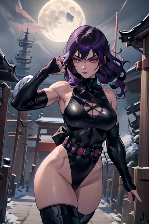 1girl, solo, An pretty woman, female assassin, goth ninja, long wavy purple hair, purple eyes, intricate face details, detailed face, big chest, wide hip, (Wearing: Black ninja mask, leather leotard, long fingerless gloves, belt, long boots), holding a katana blade, full body, sexy look. (Background: outdoors, Japanese temple, cherry tree's, night time). The 4k textures showcases the utmost level of detail, while the cinematic lighting adds depth and mystery to the scene.
