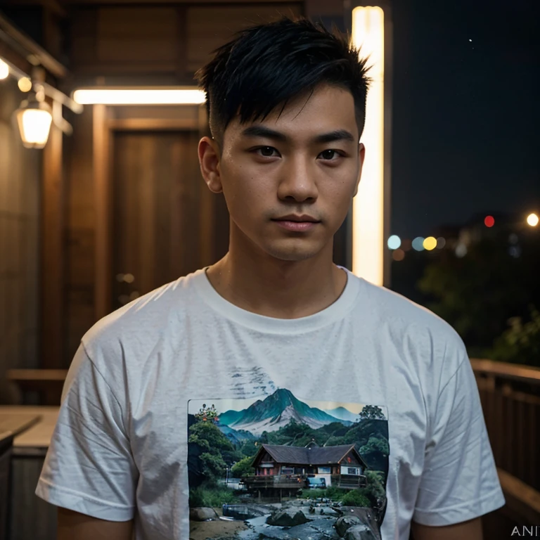Young Asian man, 25 years old, Mohawk hair cut short,) , Looking straight at you intently, alone, Community in the city at night, night sky warm light,) wide aperture, professional lighting, Sony A7R4, 50mm sessile lens., ,(Marijuana leaf pattern t-shirt,red dark blue,) Warm light, shot with a high quality camera 45,000,000,000,Pixels, realistic light colors,