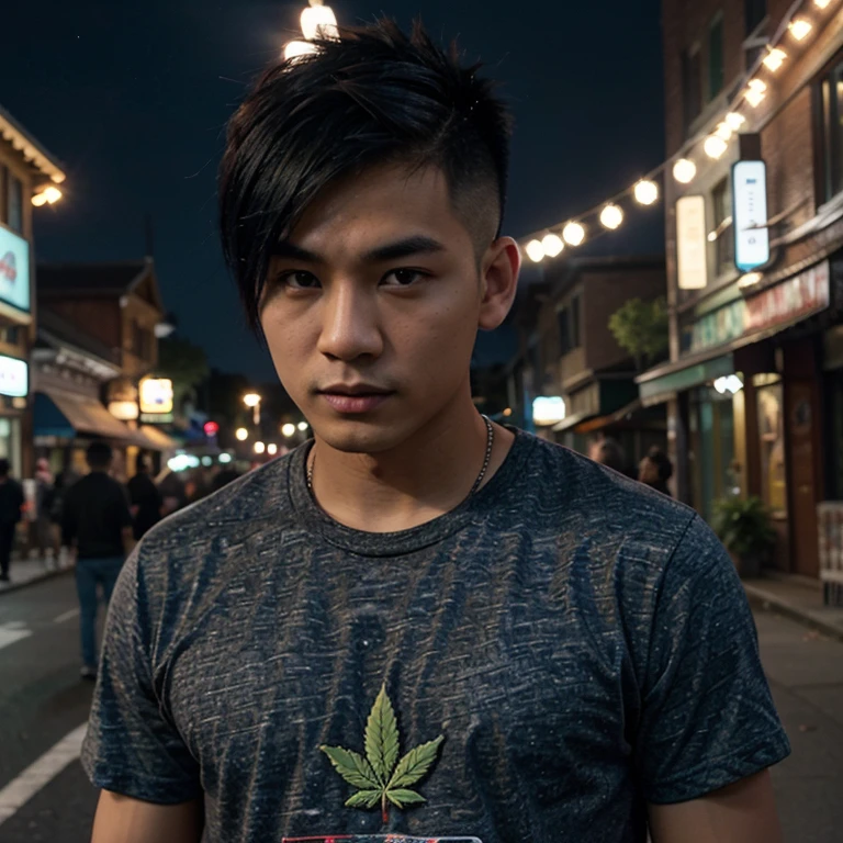Young Asian man, 25 years old, Mohawk hair cut short,) , Looking straight at you intently, alone, Community in the city at night, night sky warm light,) wide aperture, professional lighting, Sony A7R4, 50mm sessile lens., ,(Marijuana leaf pattern t-shirt,red dark blue,) Warm light, shot with a high quality camera 45,000,000,000,Pixels, realistic light colors,