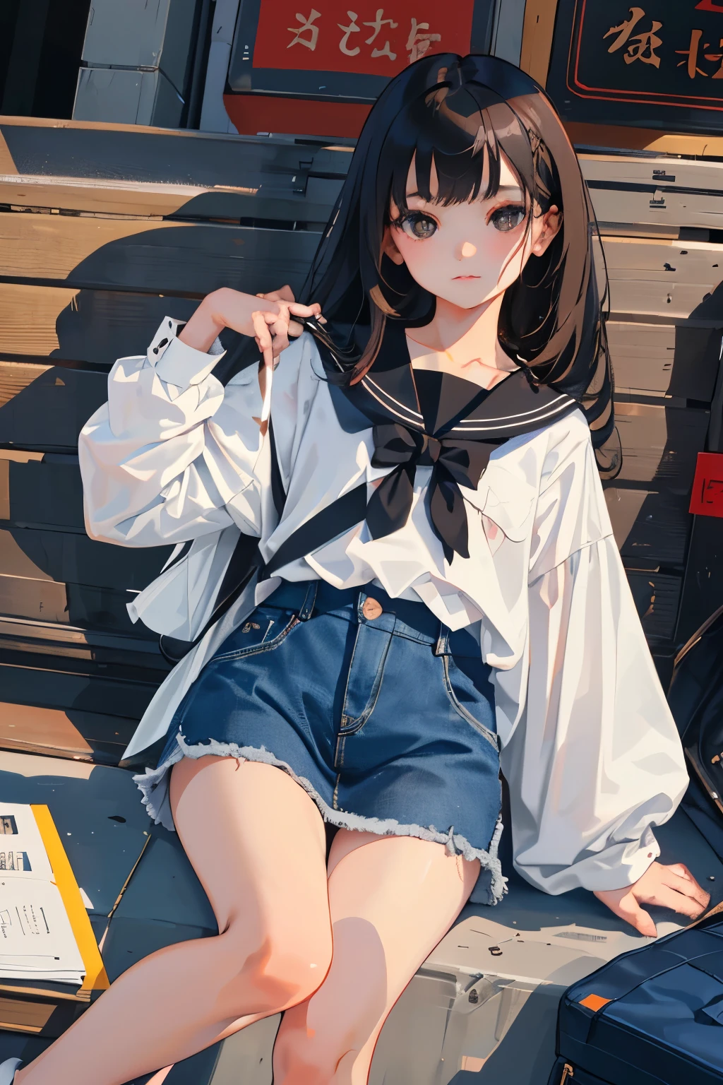 (child)，highest quality，Beautiful face in every detail，cute，Dark brown eyes，(背の低いcute女の子，Small young student，Young delicate girl）,（masterpiece，Top quality)，Black Hair，Sleepy expression，Short sleeve，Denim skirt,rooftop