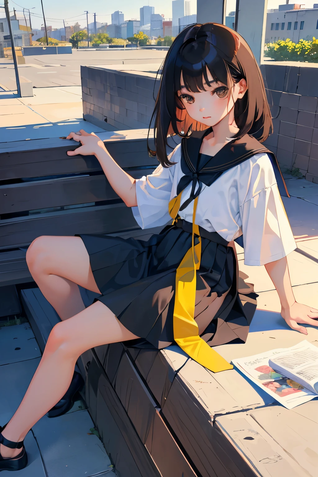 (child),highest quality,Beautiful face in every detail,cute,Dark brown eyes,(背の低いcute女の子,Small young student,Young delicate girl),(masterpiece,Top quality),Black Hair,Sleepy expression,Short sleeve,Denim skirt,rooftop